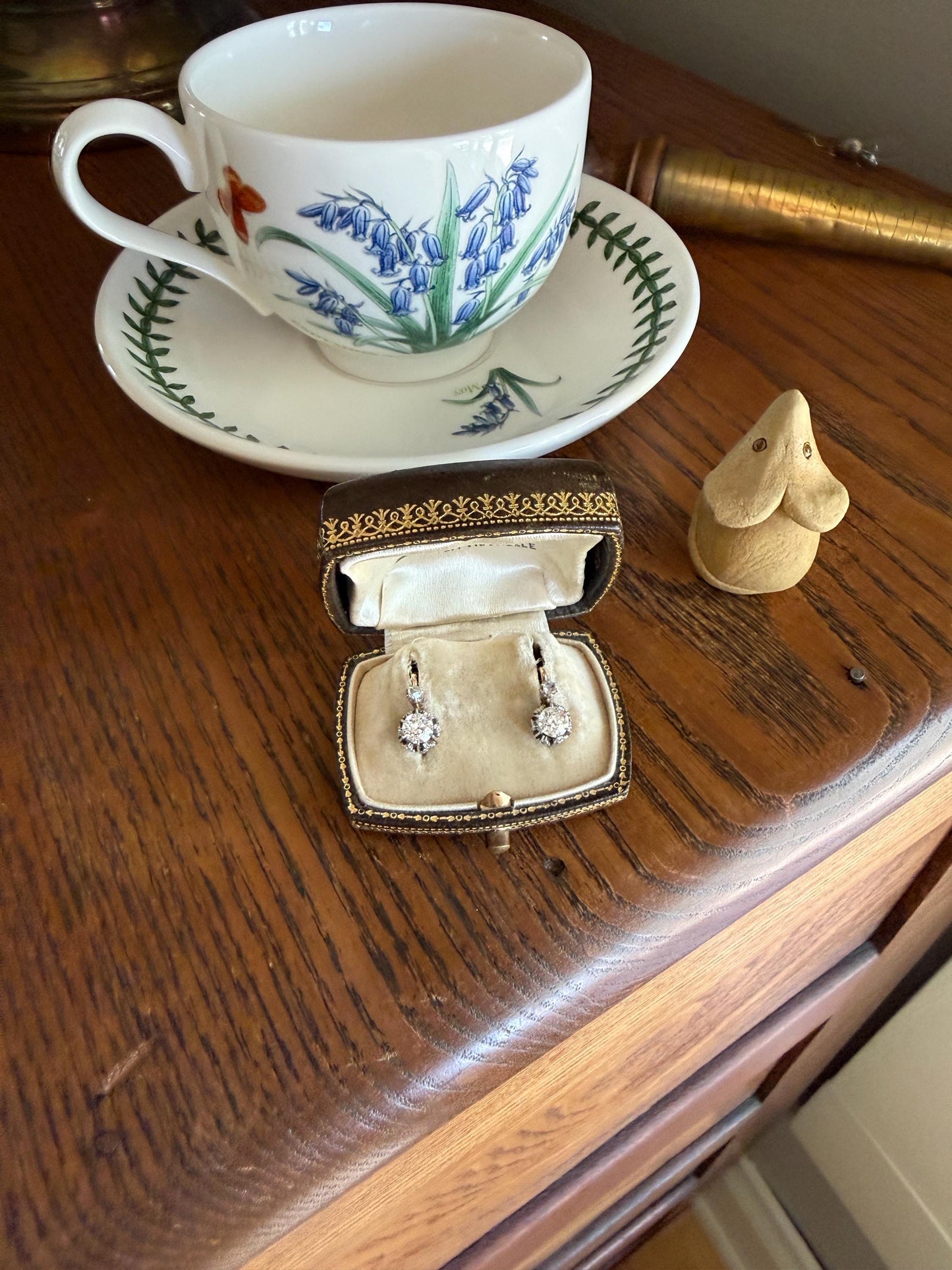 FRENCH Antique Eye Clean 1.25 Carat Tdw Old Mine Cut DIAMOND Natural Fleur de Lis Crown Earrings 18k Gold Platinum Victorian Dangle Dormeuse