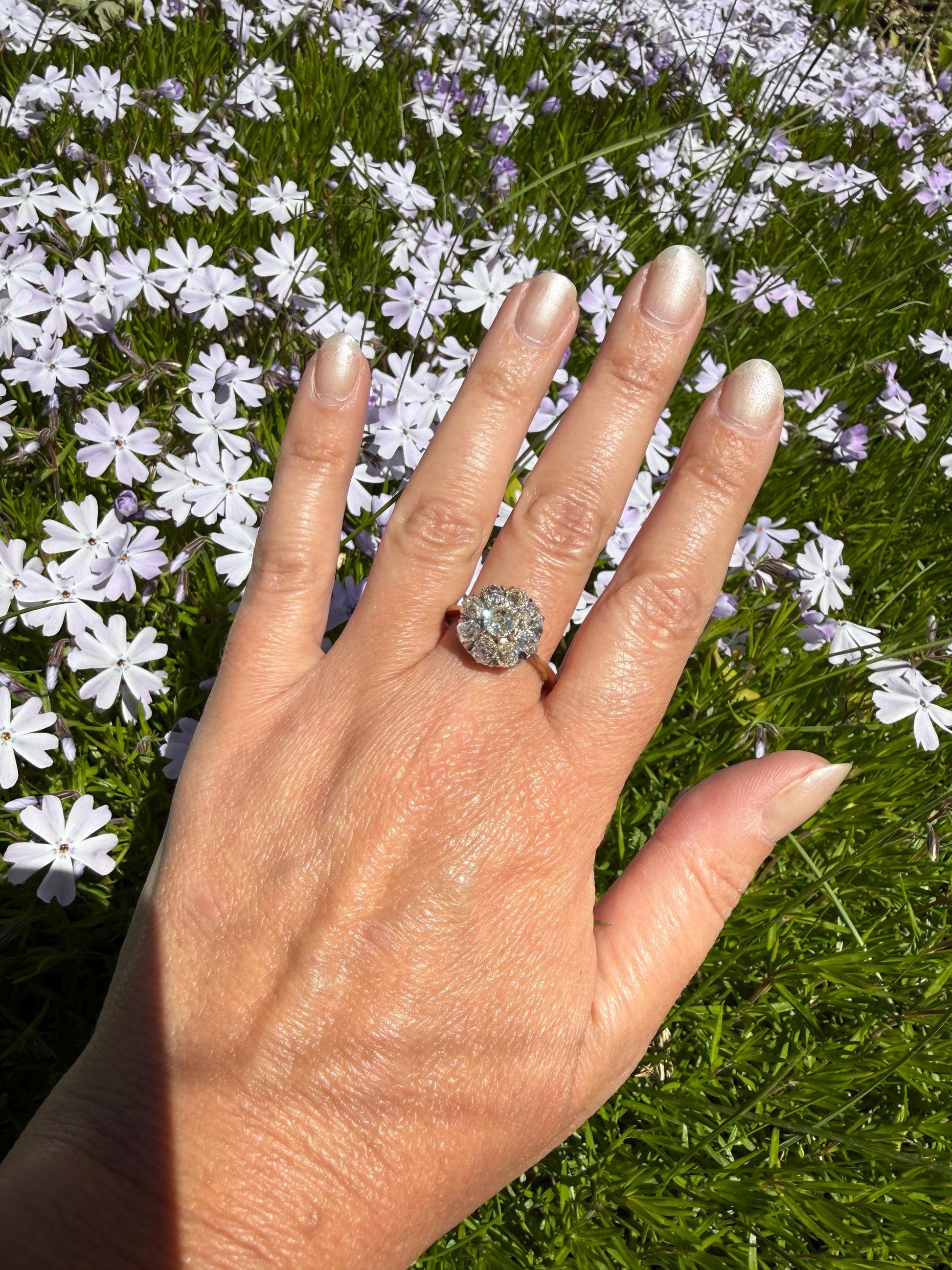 Special ANTIQUE 2.6 Carat 9 Old Mine Cut DIAMOND Daisy Cluster Ring 18k Gold & PLATINUM Belle Epoque Gift OmC Victorian Oval 2.6Ctw OmC