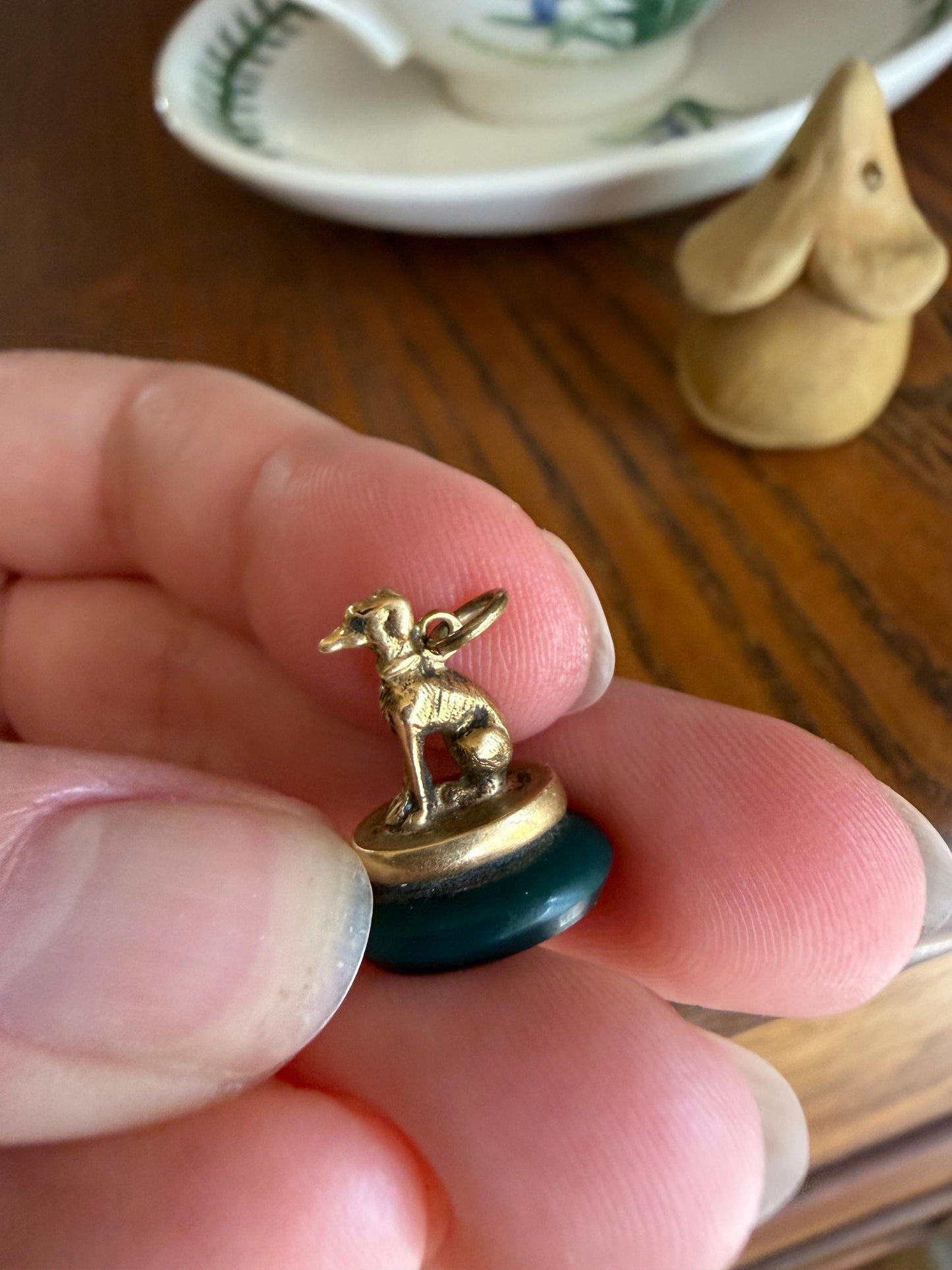 FRENCH ViCTORIAN Dog Watch Fob Pendant 18k Gold Green Bloodstone Intaglio Wax Seal Figural Antique Greyhound Loyalty