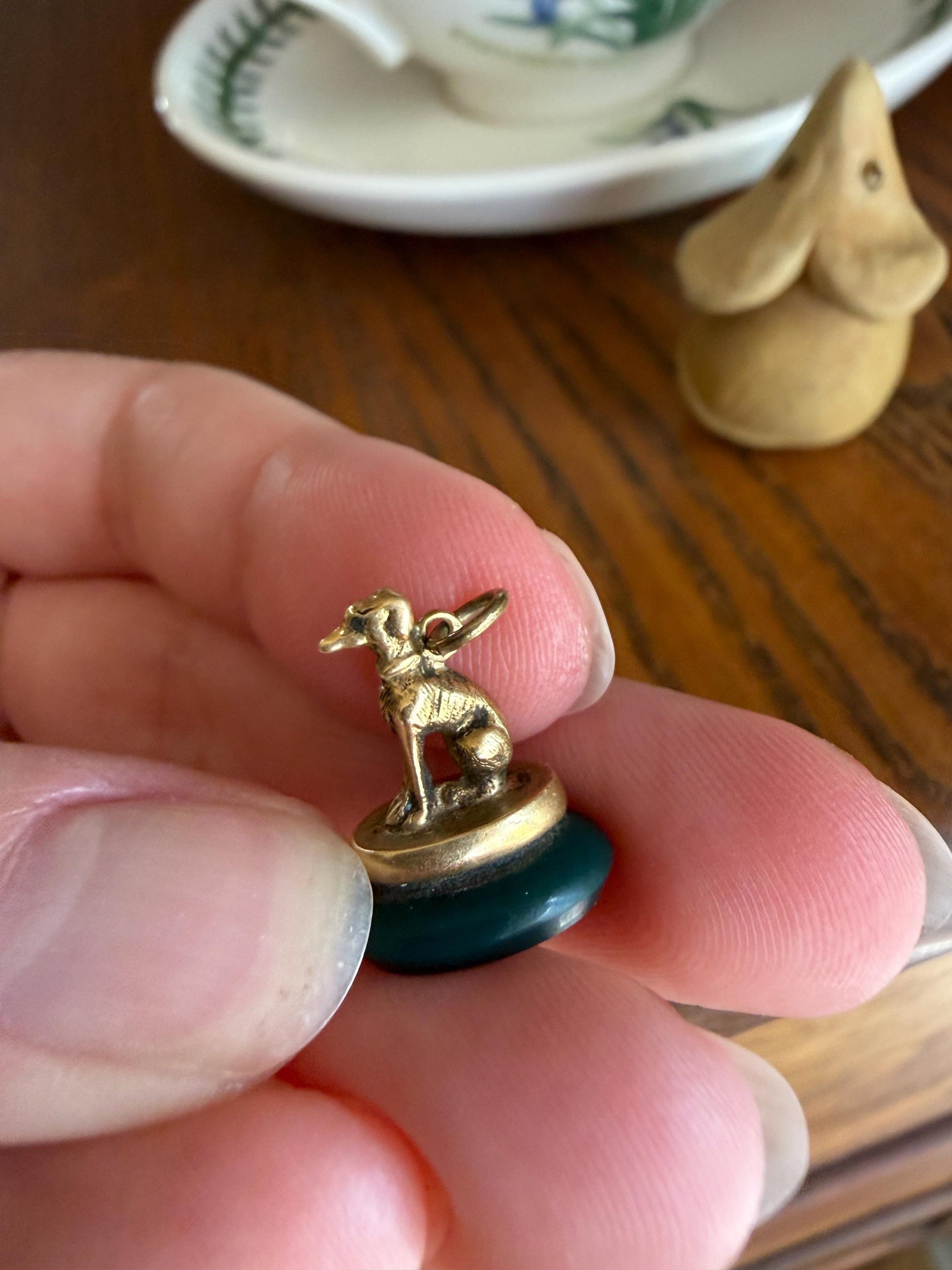 FRENCH ViCTORIAN Dog Watch Fob Pendant 18k Gold Green Bloodstone Intaglio Wax Seal Figural Antique Greyhound Loyalty