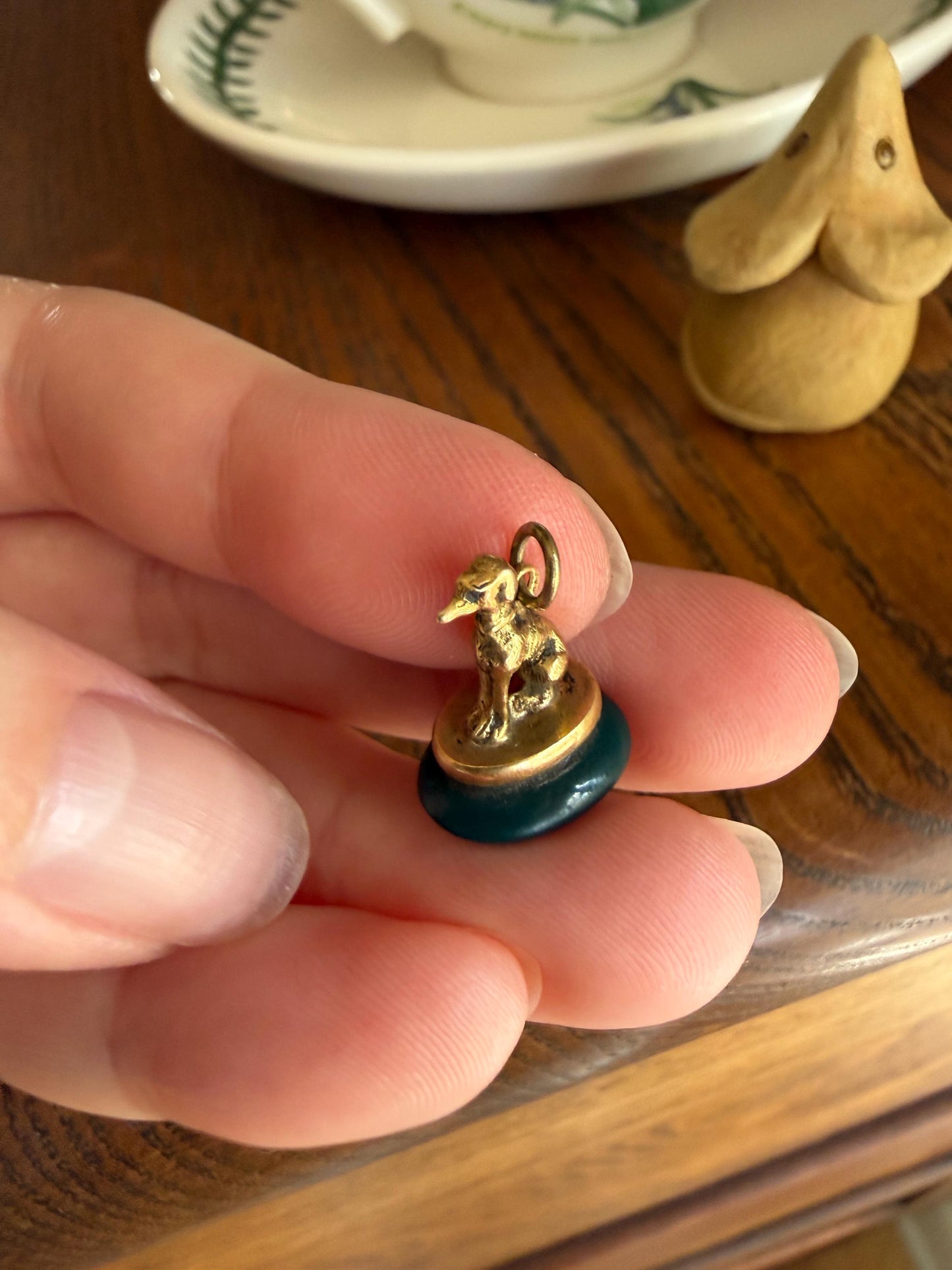 FRENCH ViCTORIAN Dog Watch Fob Pendant 18k Gold Green Bloodstone Intaglio Wax Seal Figural Antique Greyhound Loyalty
