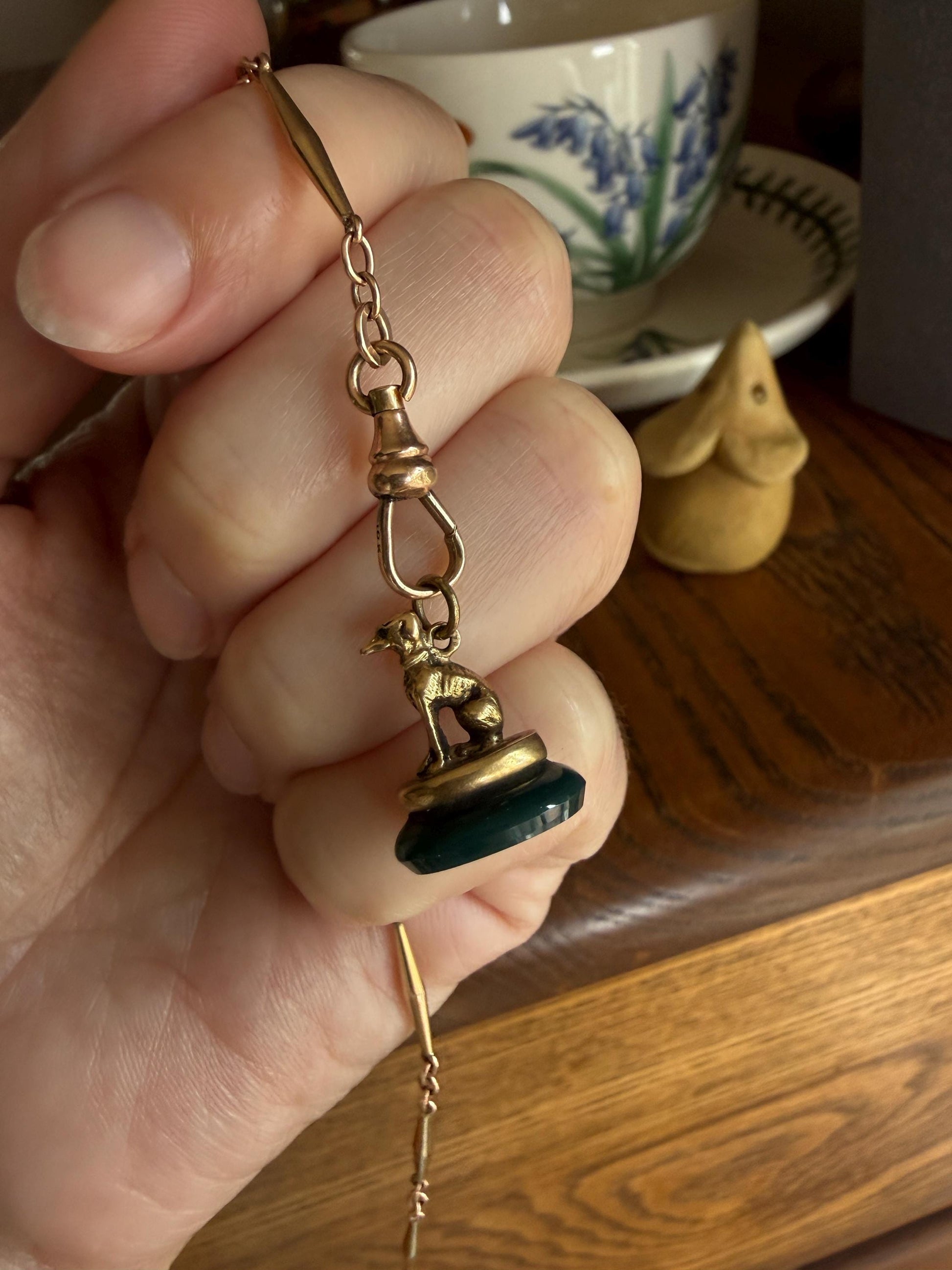 FRENCH ViCTORIAN Dog Watch Fob Pendant 18k Gold Green Bloodstone Intaglio Wax Seal Figural Antique Greyhound Loyalty