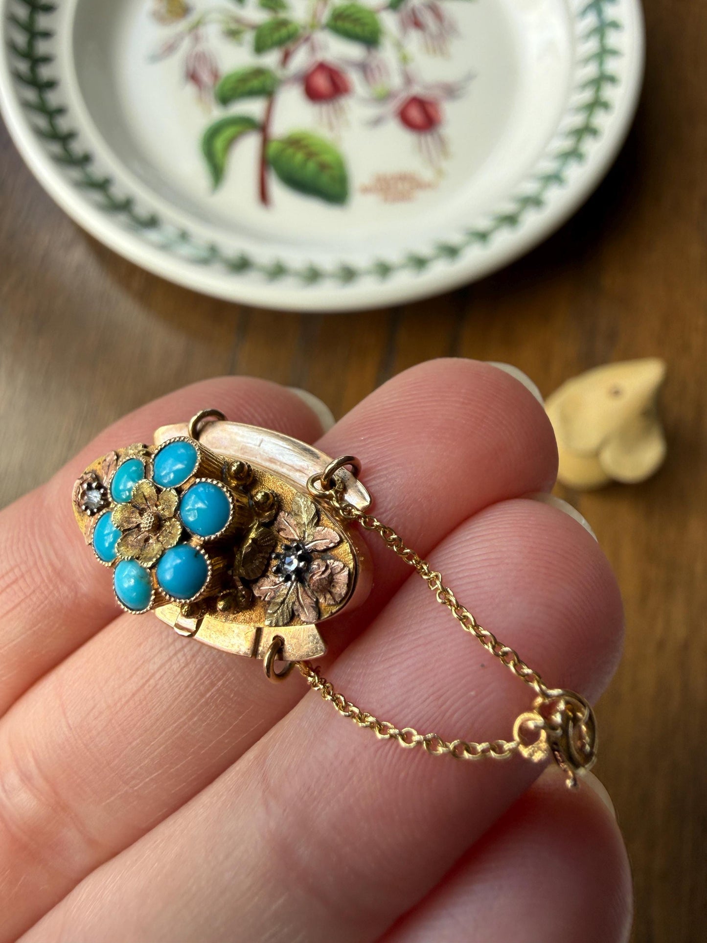 FORGET Me NOT Turquoise Antique 18k Tricolor GOLD Diamond Floral Clasp Pendant Salvaged Jewelry Finding Extender Connector Necklace Bracelet