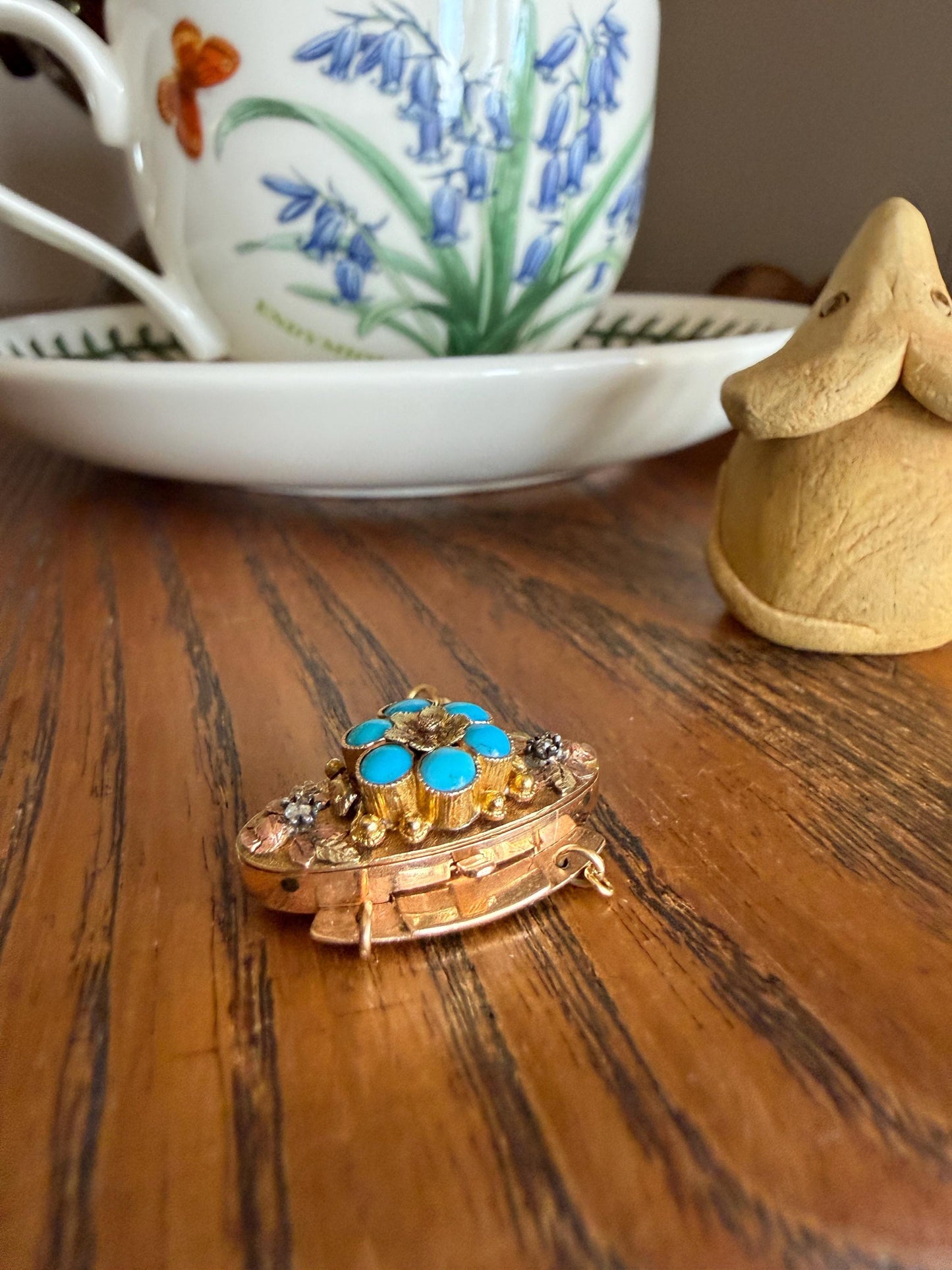 FORGET Me NOT Turquoise Antique 18k Tricolor GOLD Diamond Floral Clasp Pendant Salvaged Jewelry Finding Extender Connector Necklace Bracelet