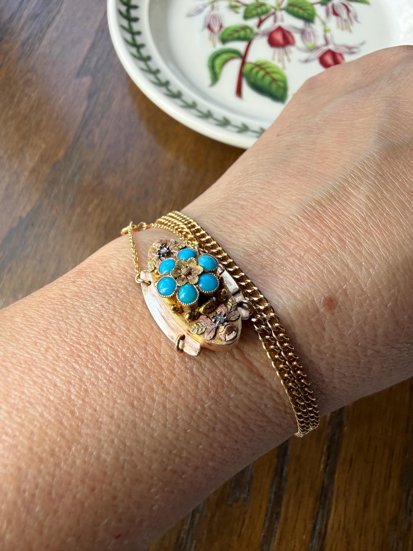 FORGET Me NOT Turquoise Antique 18k Tricolor GOLD Diamond Floral Clasp Pendant Salvaged Jewelry Finding Extender Connector Necklace Bracelet
