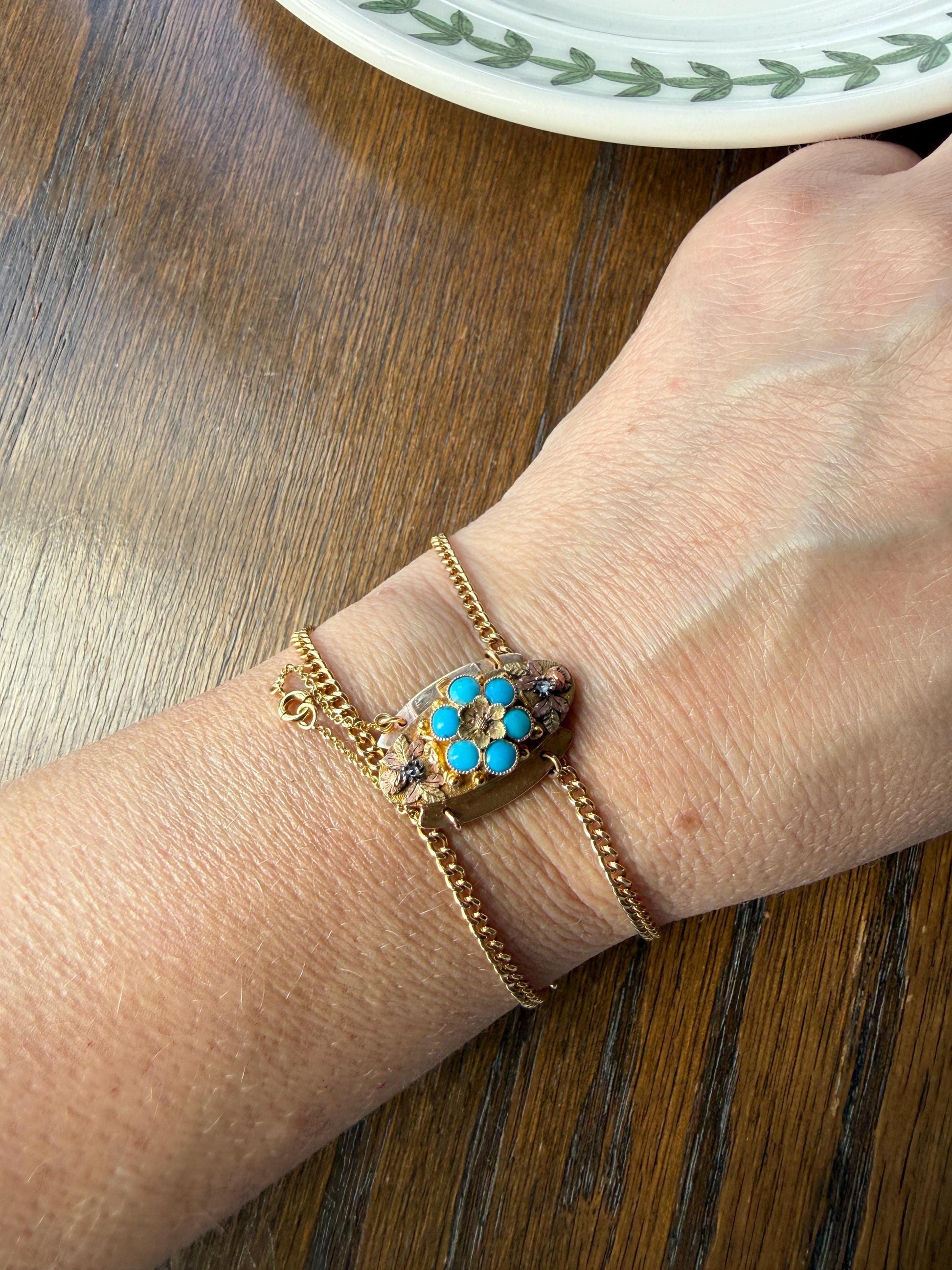 FORGET Me NOT Turquoise Antique 18k Tricolor GOLD Diamond Floral Clasp Pendant Salvaged Jewelry Finding Extender Connector Necklace Bracelet