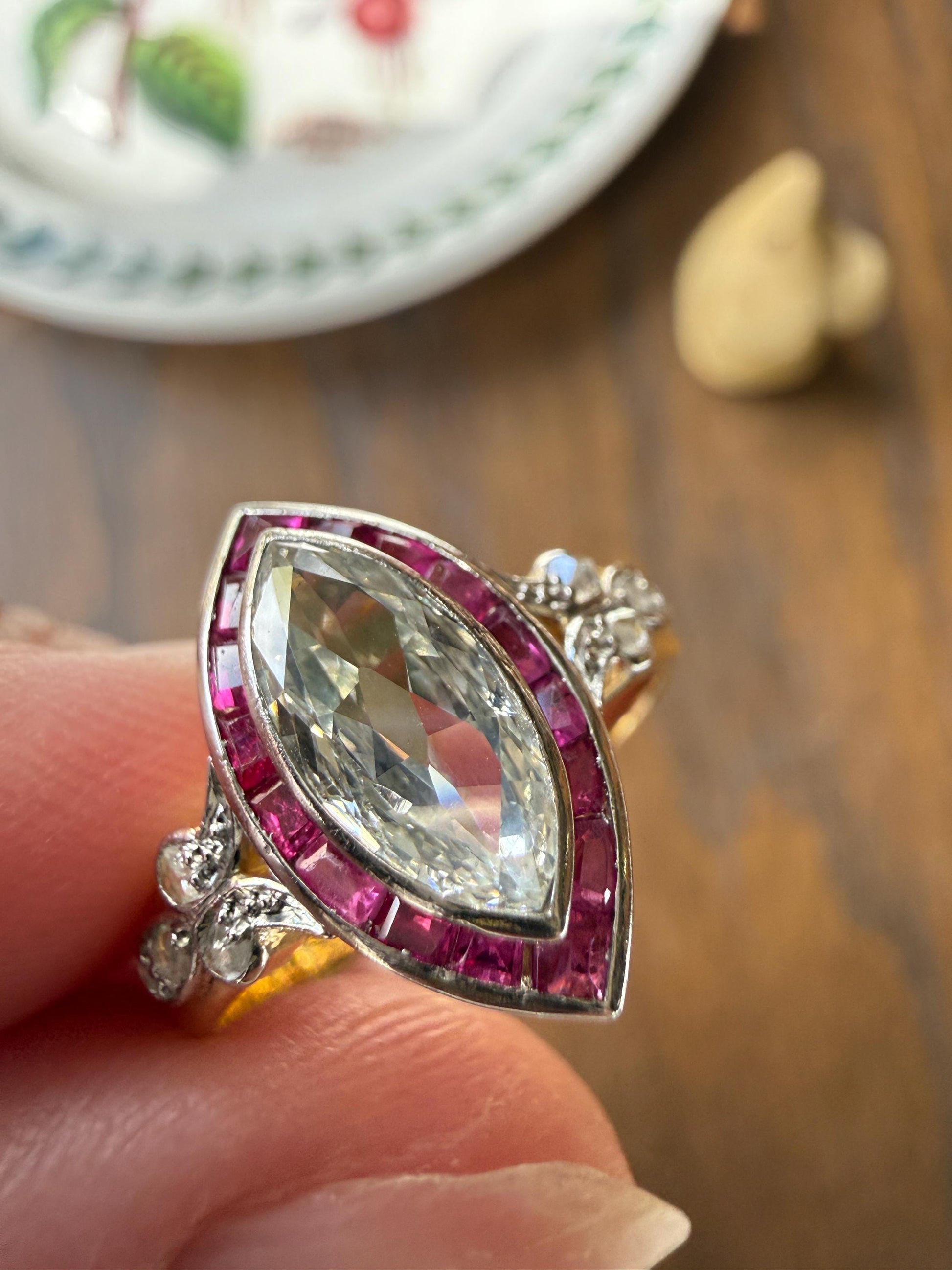 Vintage One Carat Old Cut MARQUISE Diamond Ruby HALO Navette French Art Deco Ring 18k Gold Platinum Belle Epoque Pink Rose Cut Accents