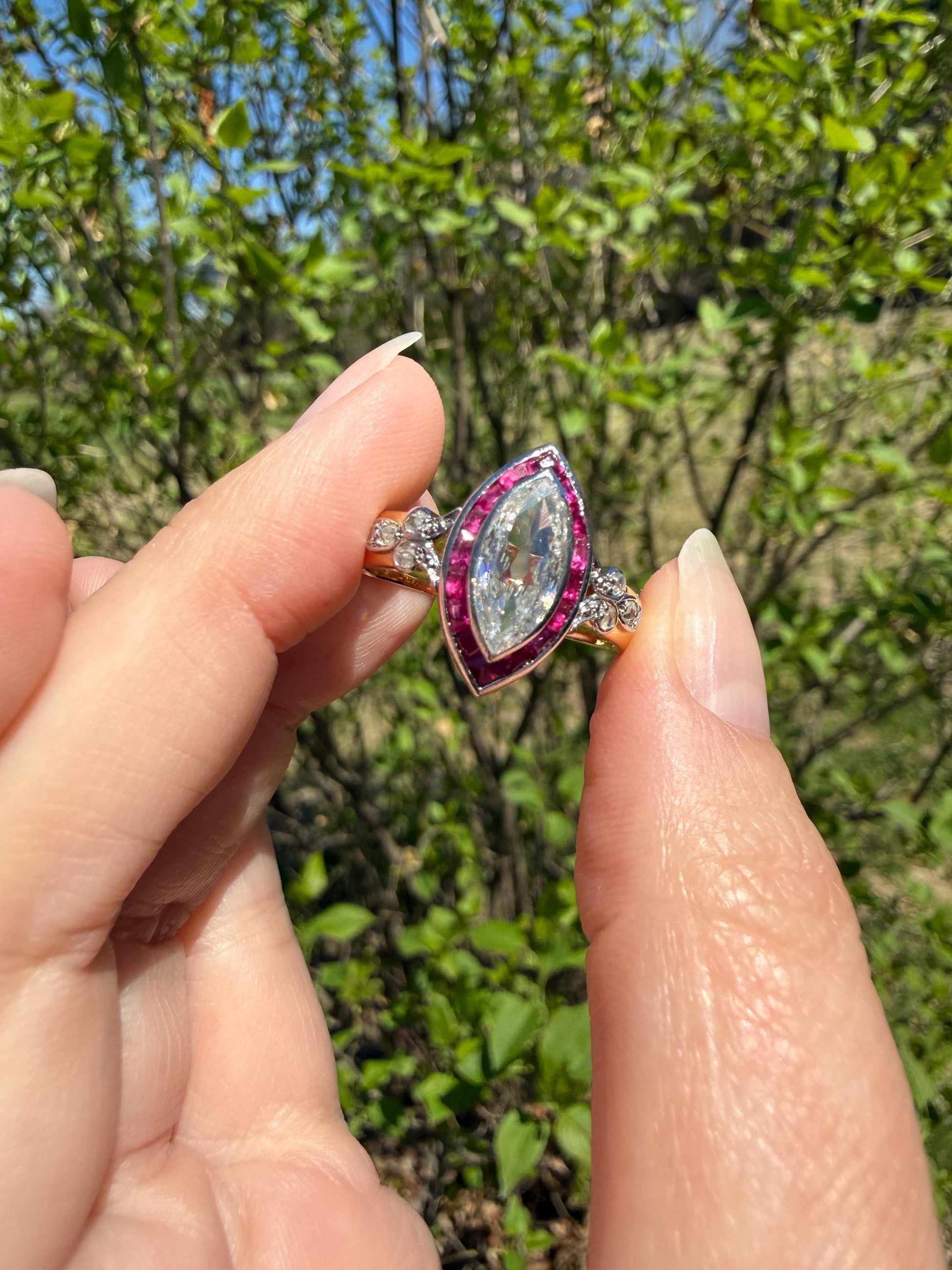 Vintage One Carat Old Cut MARQUISE Diamond Ruby HALO Navette French Art Deco Ring 18k Gold Platinum Belle Epoque Pink Rose Cut Accents