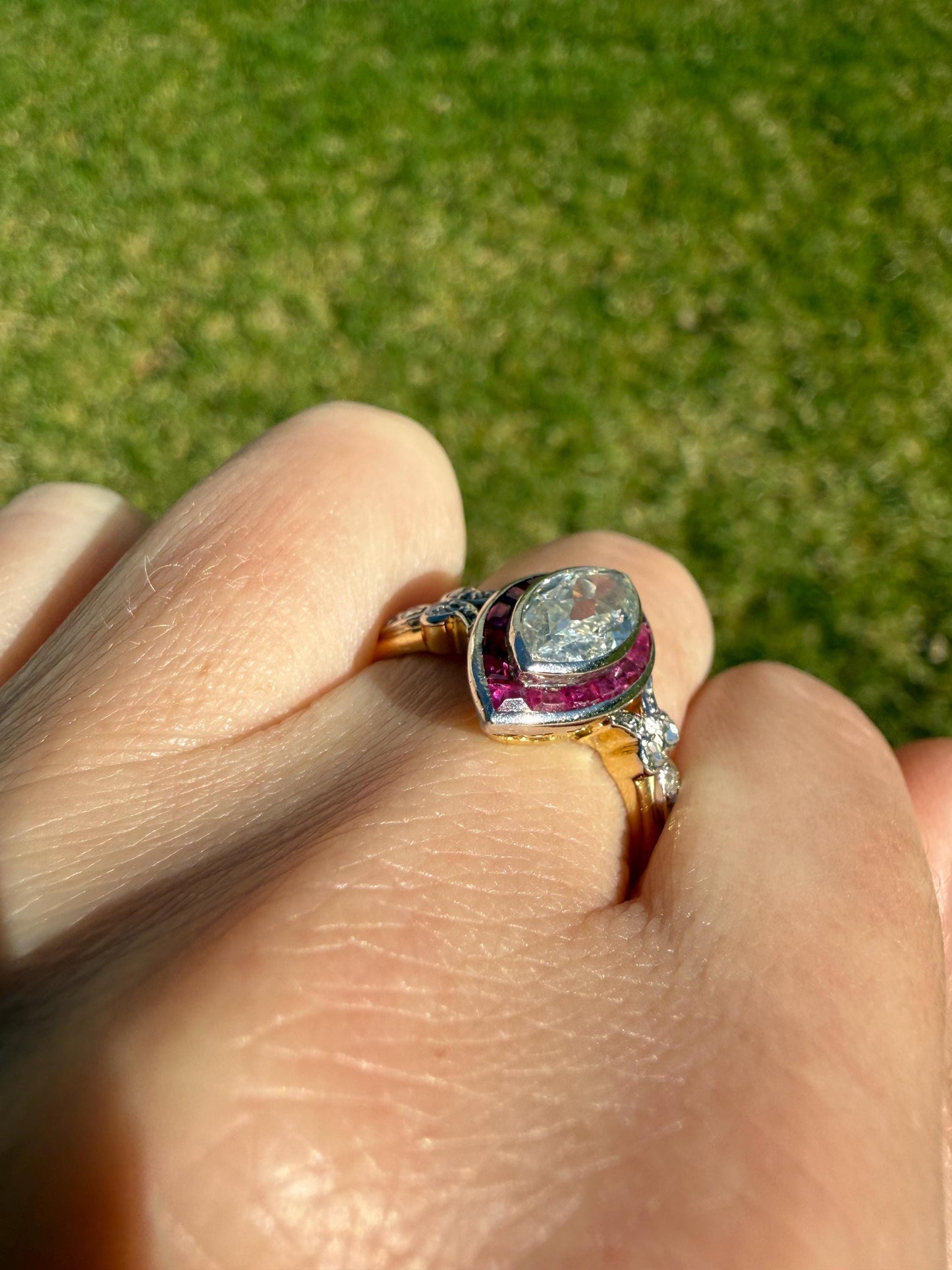 Vintage One Carat Old Cut MARQUISE Diamond Ruby HALO Navette French Art Deco Ring 18k Gold Platinum Belle Epoque Pink Rose Cut Accents