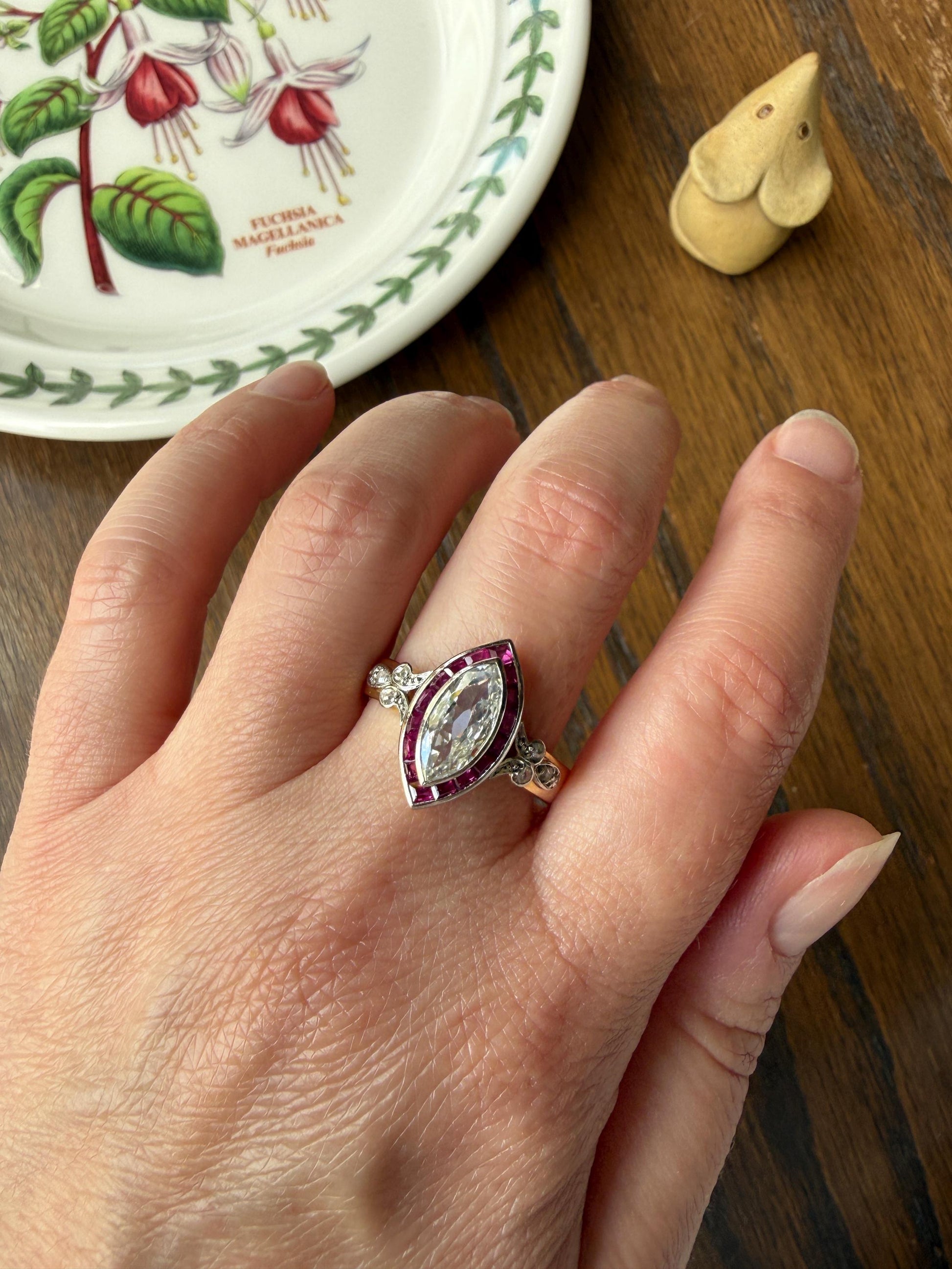 Vintage One Carat Old Cut MARQUISE Diamond Ruby HALO Navette French Art Deco Ring 18k Gold Platinum Belle Epoque Pink Rose Cut Accents