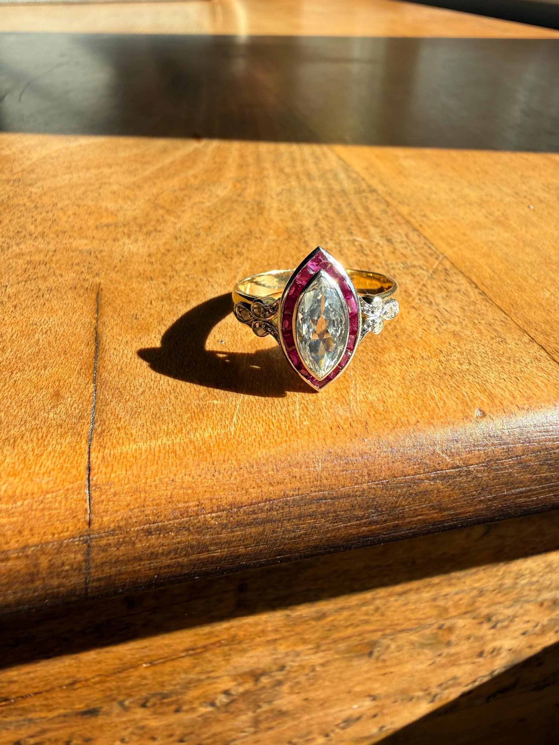 Vintage One Carat Old Cut MARQUISE Diamond Ruby HALO Navette French Art Deco Ring 18k Gold Platinum Belle Epoque Pink Rose Cut Accents