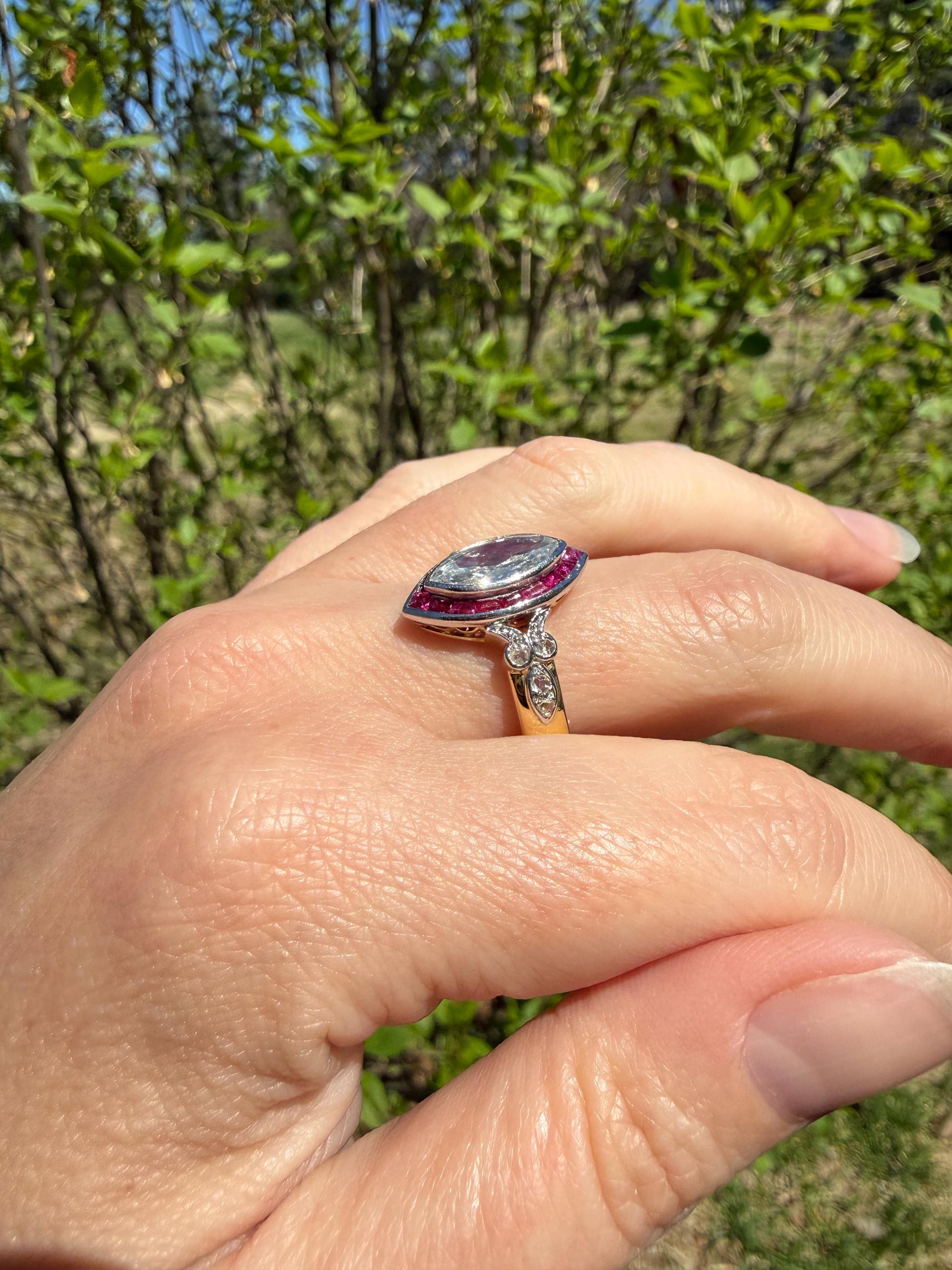 Vintage One Carat Old Cut MARQUISE Diamond Ruby HALO Navette French Art Deco Ring 18k Gold Platinum Belle Epoque Pink Rose Cut Accents