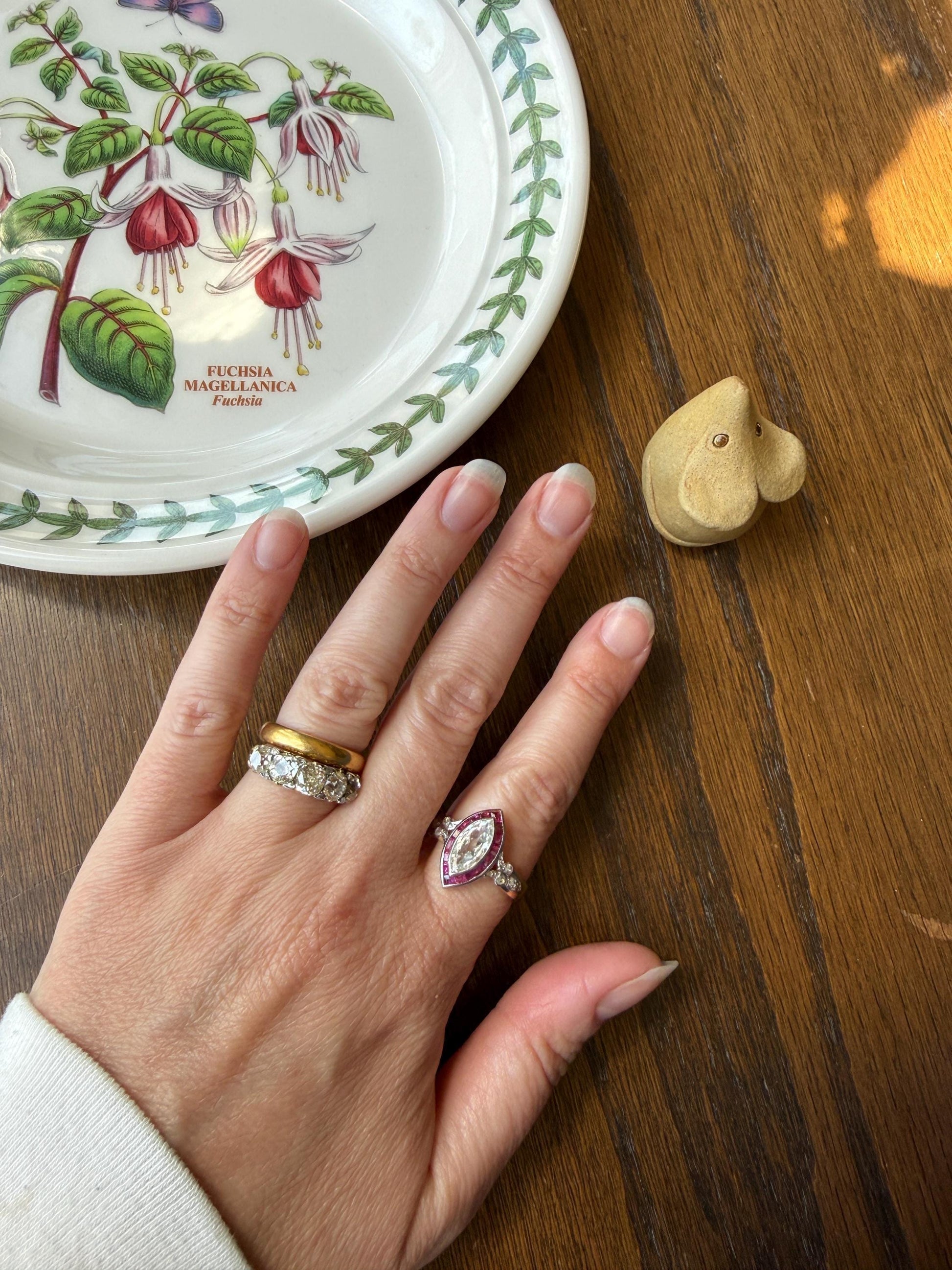 Vintage One Carat Old Cut MARQUISE Diamond Ruby HALO Navette French Art Deco Ring 18k Gold Platinum Belle Epoque Pink Rose Cut Accents