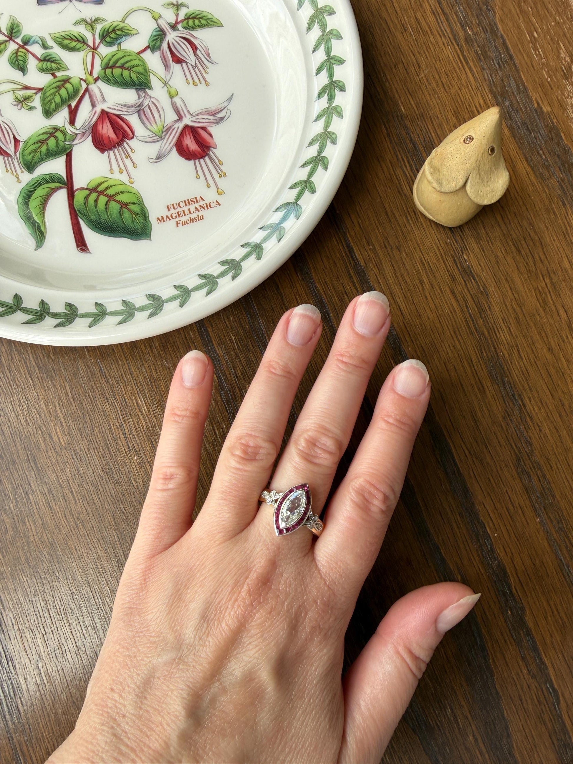 Vintage One Carat Old Cut MARQUISE Diamond Ruby HALO Navette French Art Deco Ring 18k Gold Platinum Belle Epoque Pink Rose Cut Accents