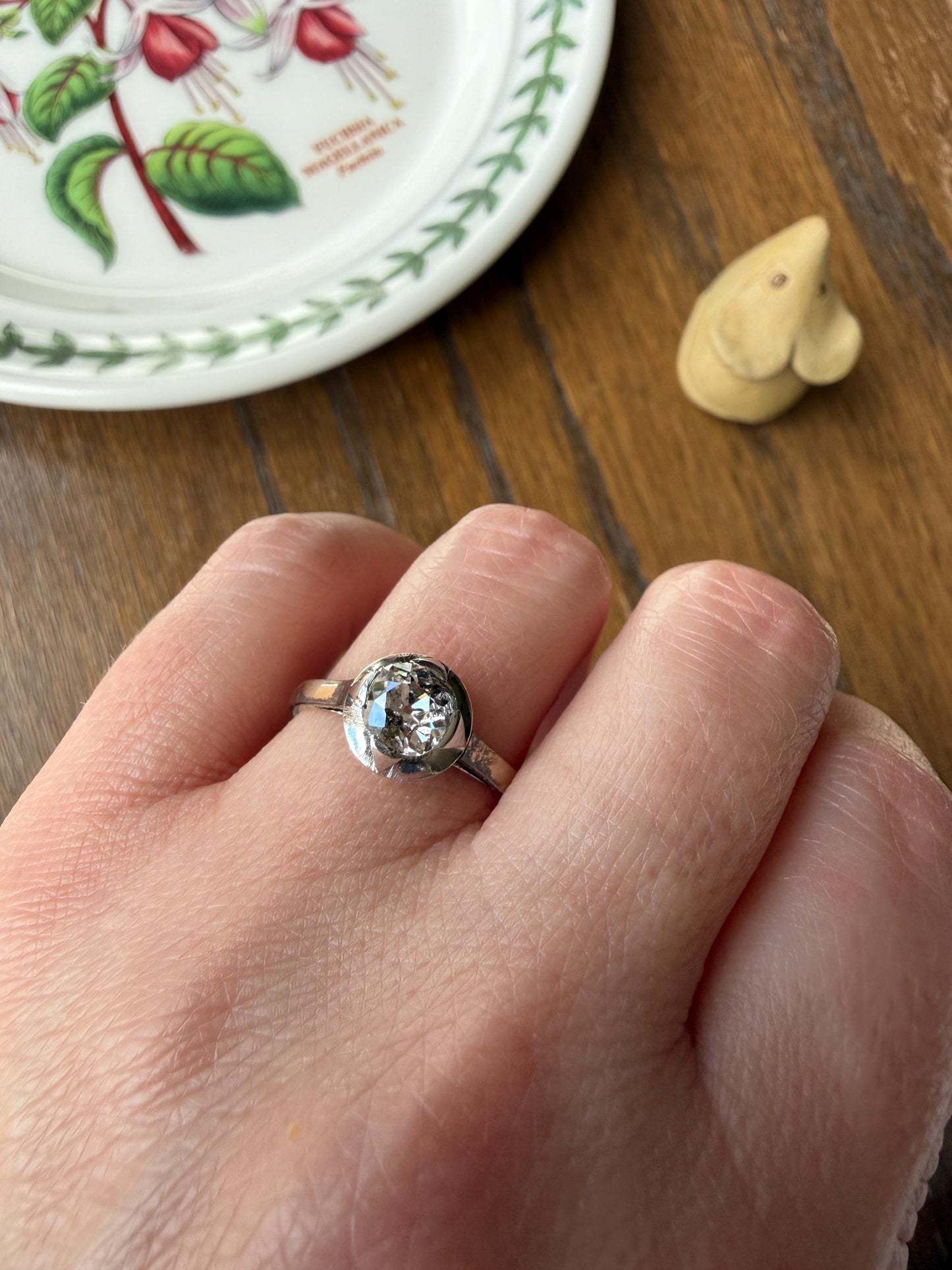 Antique 0.8 Carat Old Mine Cut DIAMOND Ring French 18k White Gold Platinum Halo Solitaire Stacker Band Engagement .8Ctw OMC