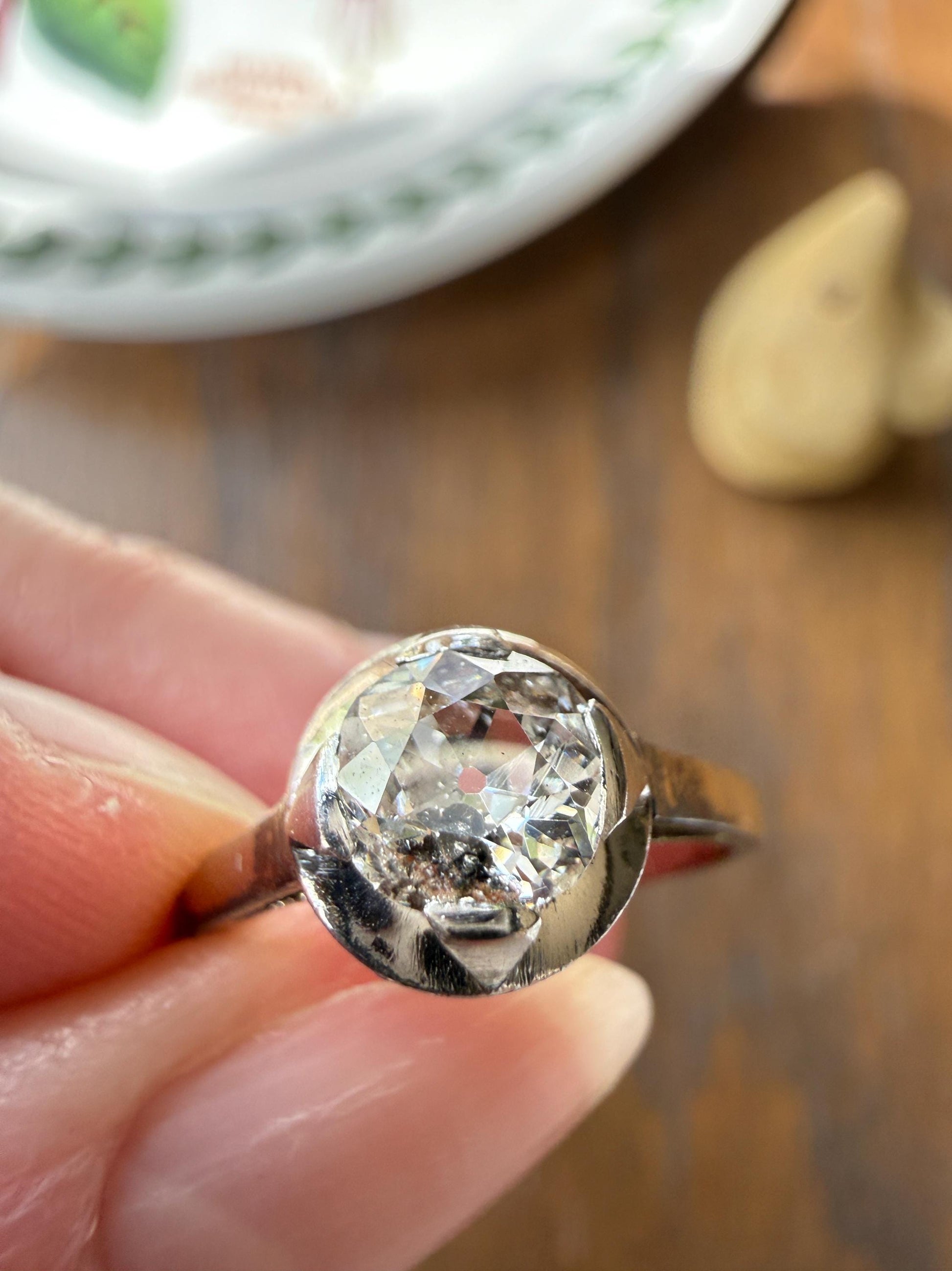 Antique 0.8 Carat Old Mine Cut DIAMOND Ring French 18k White Gold Platinum Halo Solitaire Stacker Band Engagement .8Ctw OMC