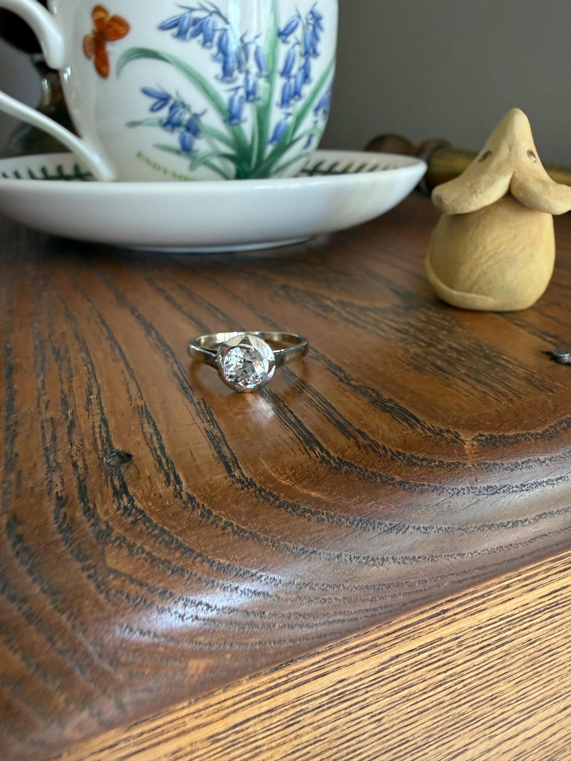Antique 0.8 Carat Old Mine Cut DIAMOND Ring French 18k White Gold Platinum Halo Solitaire Stacker Band Engagement .8Ctw OMC
