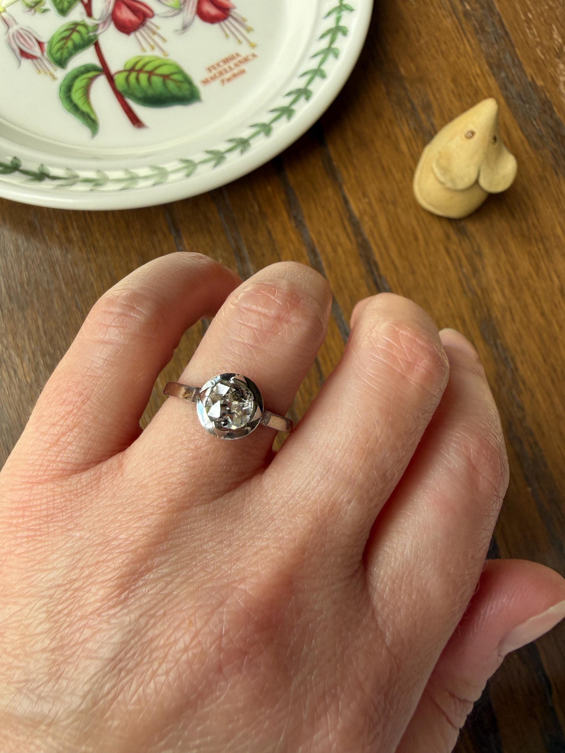 Antique 0.8 Carat Old Mine Cut DIAMOND Ring French 18k White Gold Platinum Halo Solitaire Stacker Band Engagement .8Ctw OMC