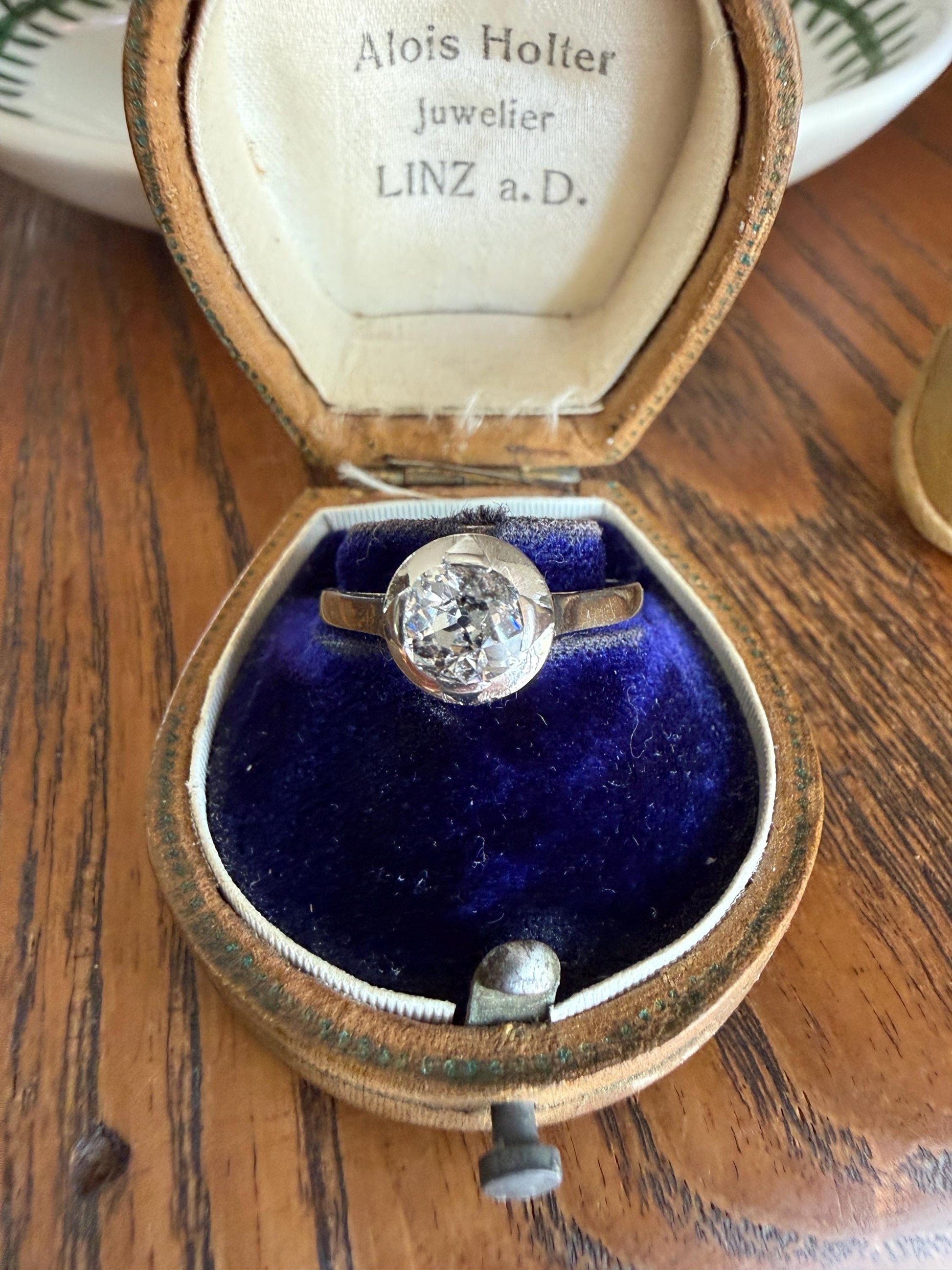 Antique 0.8 Carat Old Mine Cut DIAMOND Ring French 18k White Gold Platinum Halo Solitaire Stacker Band Engagement .8Ctw OMC