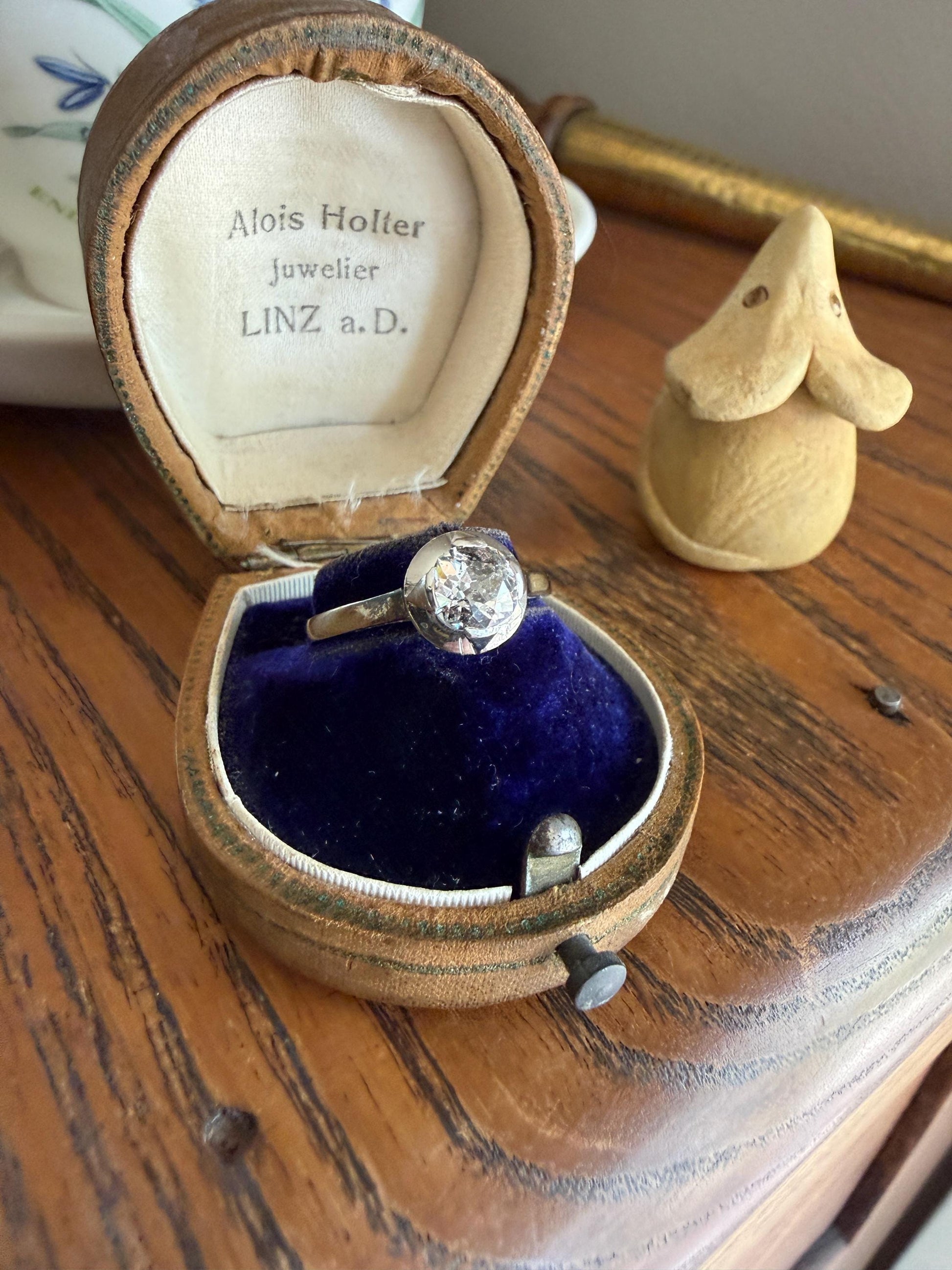 Antique 0.8 Carat Old Mine Cut DIAMOND Ring French 18k White Gold Platinum Halo Solitaire Stacker Band Engagement .8Ctw OMC