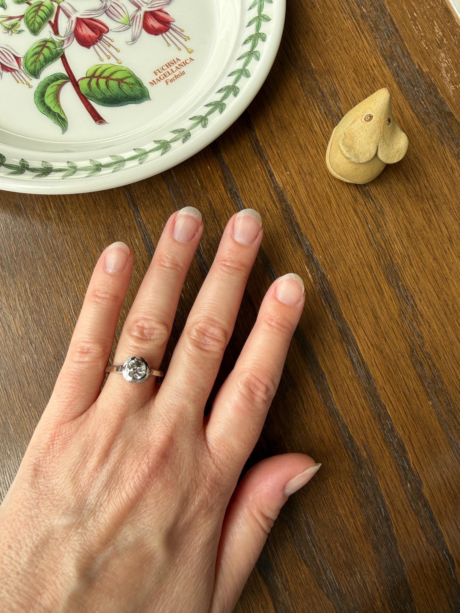 Antique 0.8 Carat Old Mine Cut DIAMOND Ring French 18k White Gold Platinum Halo Solitaire Stacker Band Engagement .8Ctw OMC