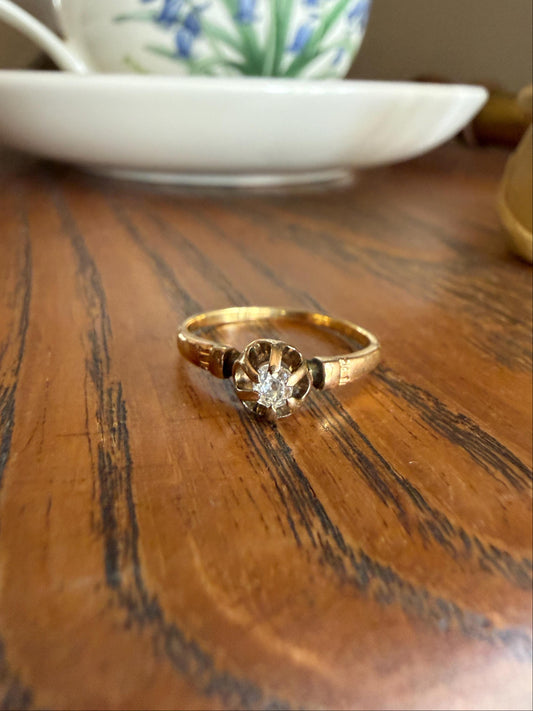 French Antique 18k Gold Old Mine Cut DIAMOND Buttercup Ring Pinky Band Victorian Stacker Solitaire Dainty Minimalist Engagement OMC