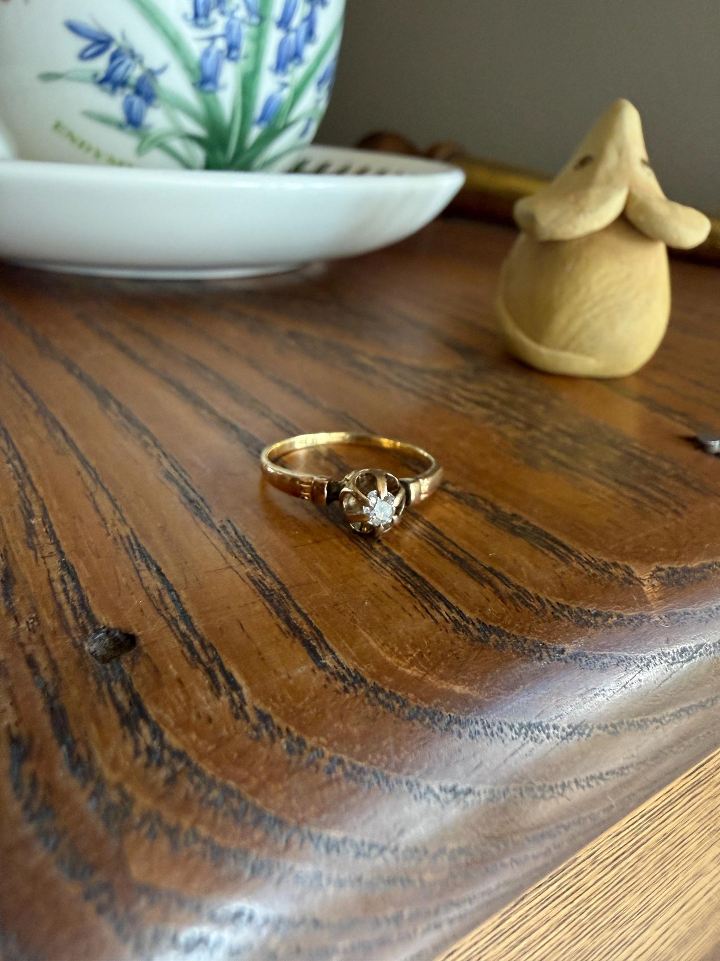 French Antique 18k Gold Old Mine Cut DIAMOND Buttercup Ring Pinky Band Victorian Stacker Solitaire Dainty Minimalist Engagement OMC
