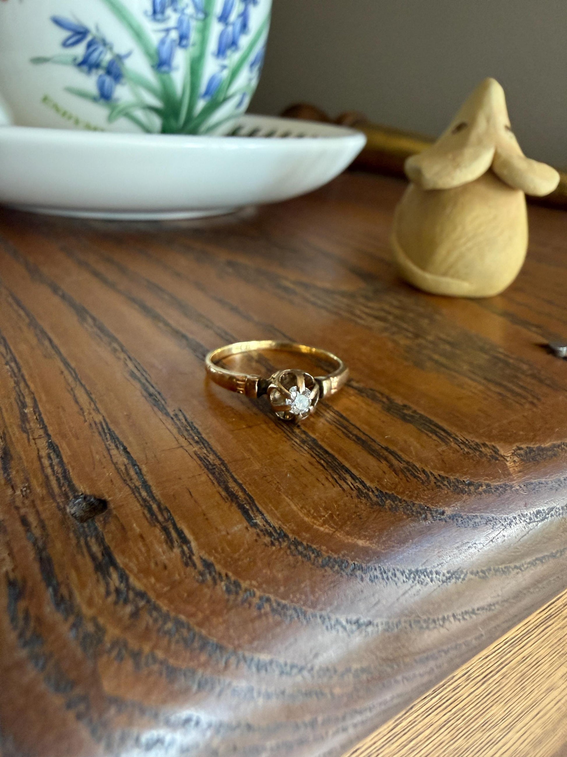 French Antique 18k Gold Old Mine Cut DIAMOND Buttercup Ring Pinky Band Victorian Stacker Solitaire Dainty Minimalist Engagement OMC