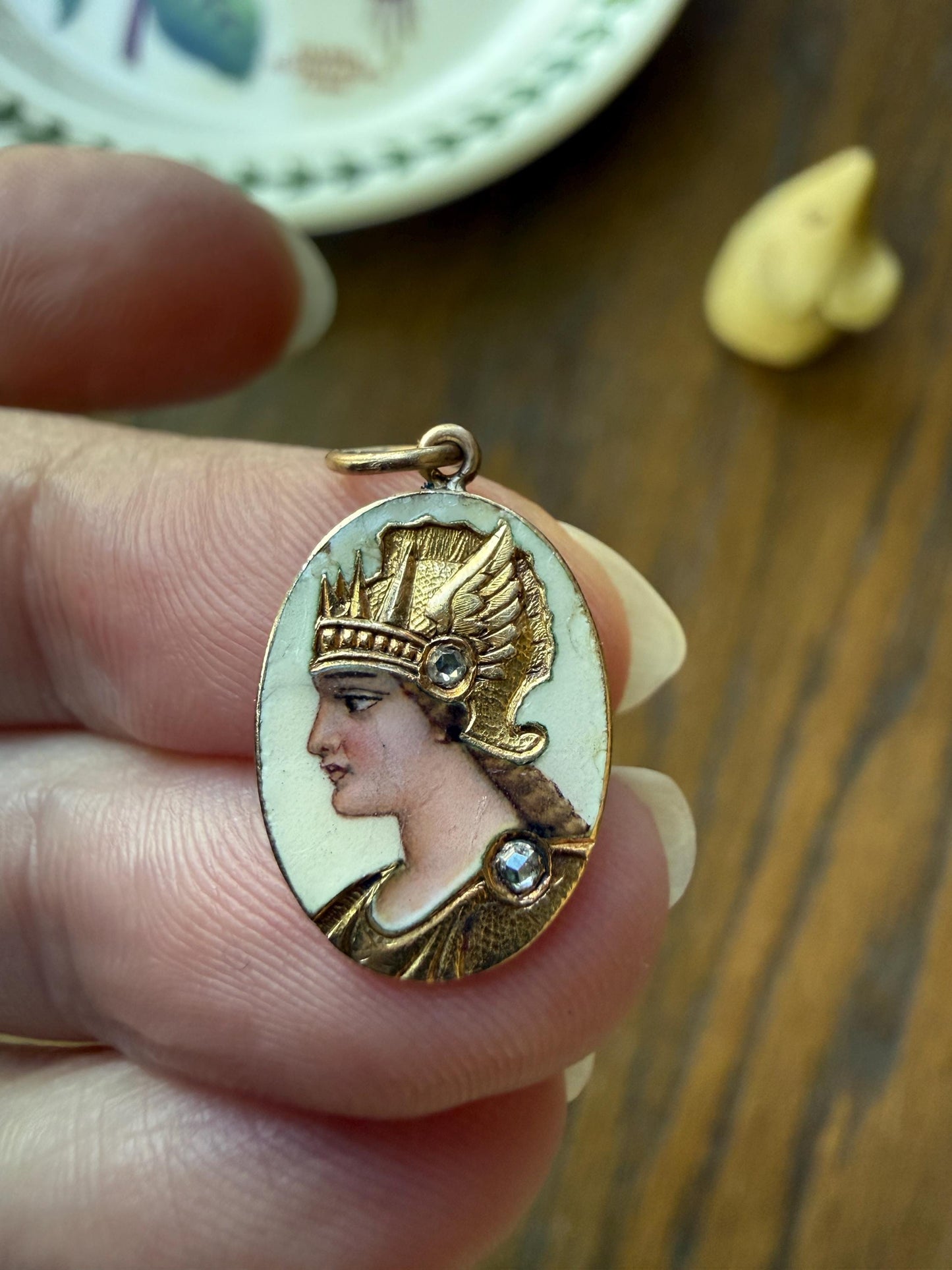 GODDESS Empress QUEEN Antique Enamel Pendant 18k Gold Rose Cut Diamond Hand Painted Victorian Art Nouveau Woman Bracelet Necklace Charm