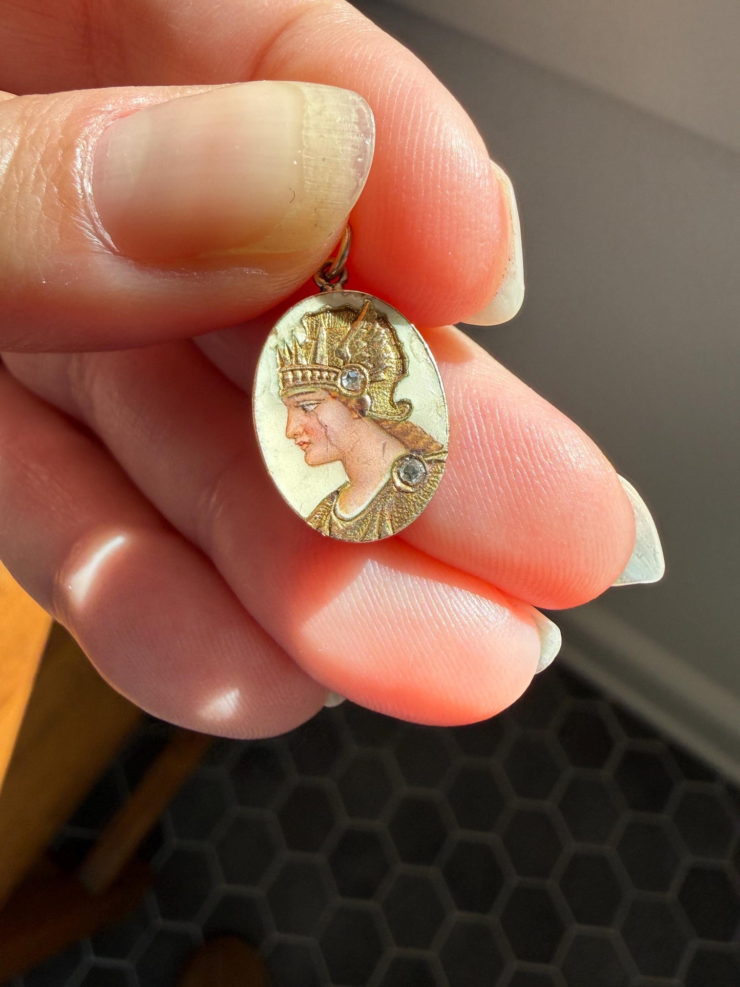 GODDESS Empress QUEEN Antique Enamel Pendant 18k Gold Rose Cut Diamond Hand Painted Victorian Art Nouveau Woman Bracelet Necklace Charm