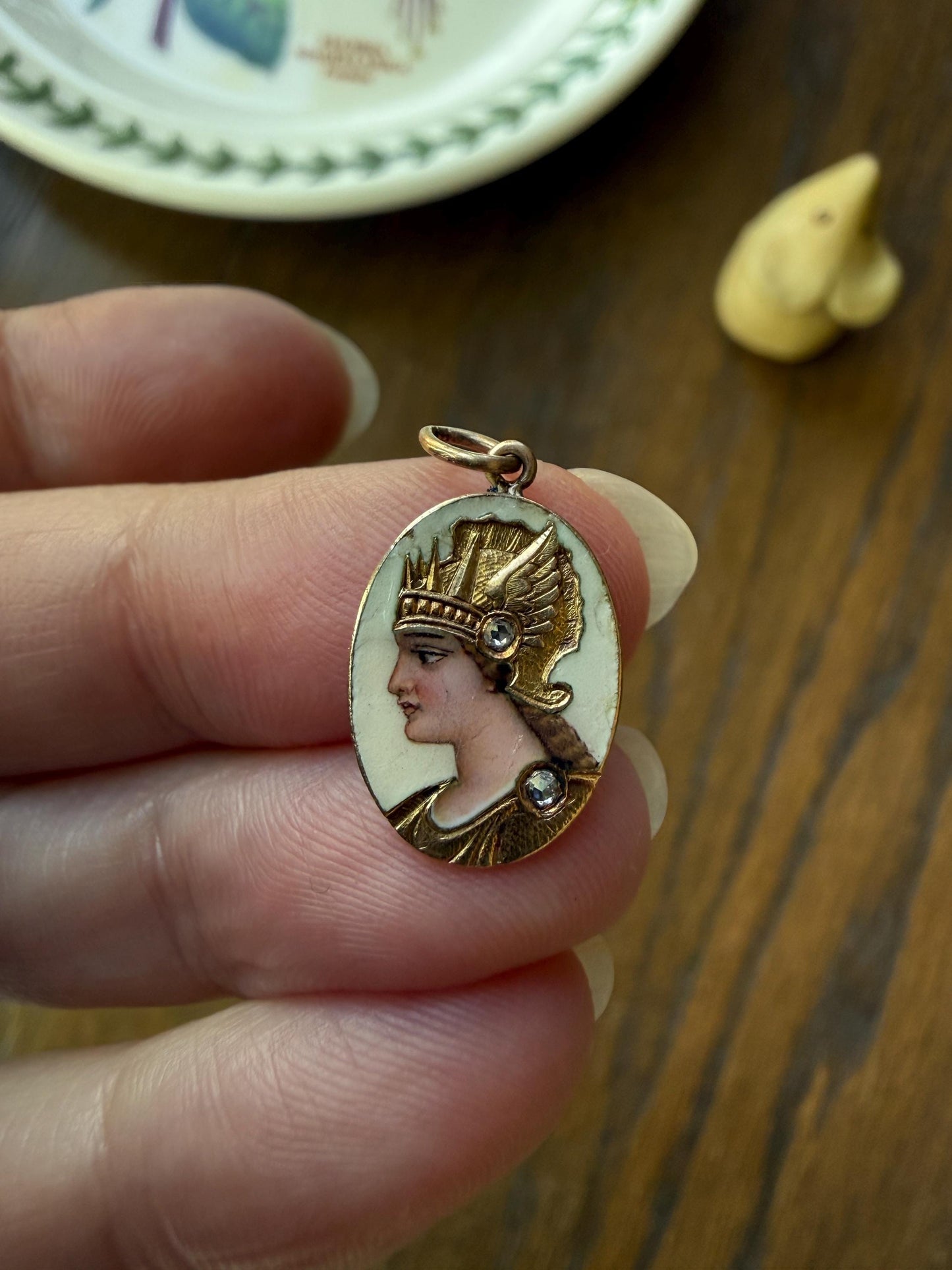 GODDESS Empress QUEEN Antique Enamel Pendant 18k Gold Rose Cut Diamond Hand Painted Victorian Art Nouveau Woman Bracelet Necklace Charm