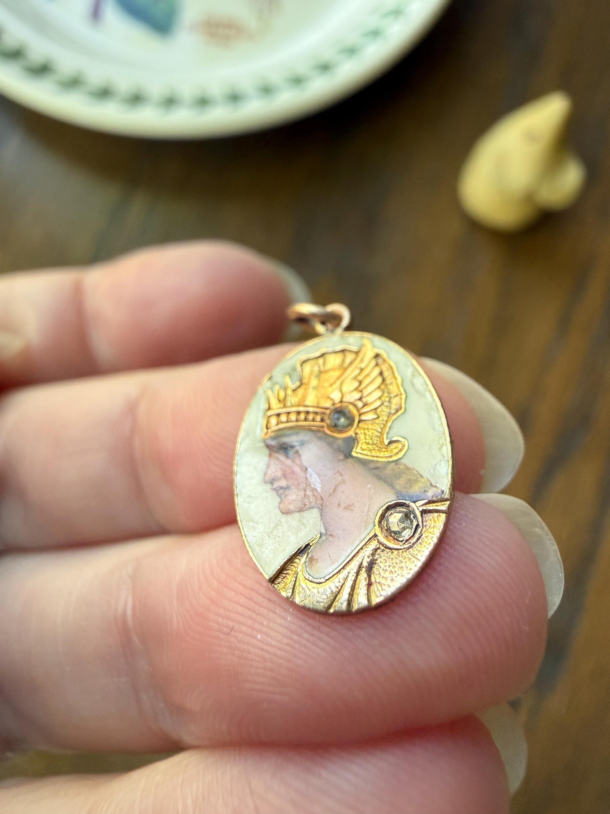 GODDESS Empress QUEEN Antique Enamel Pendant 18k Gold Rose Cut Diamond Hand Painted Victorian Art Nouveau Woman Bracelet Necklace Charm