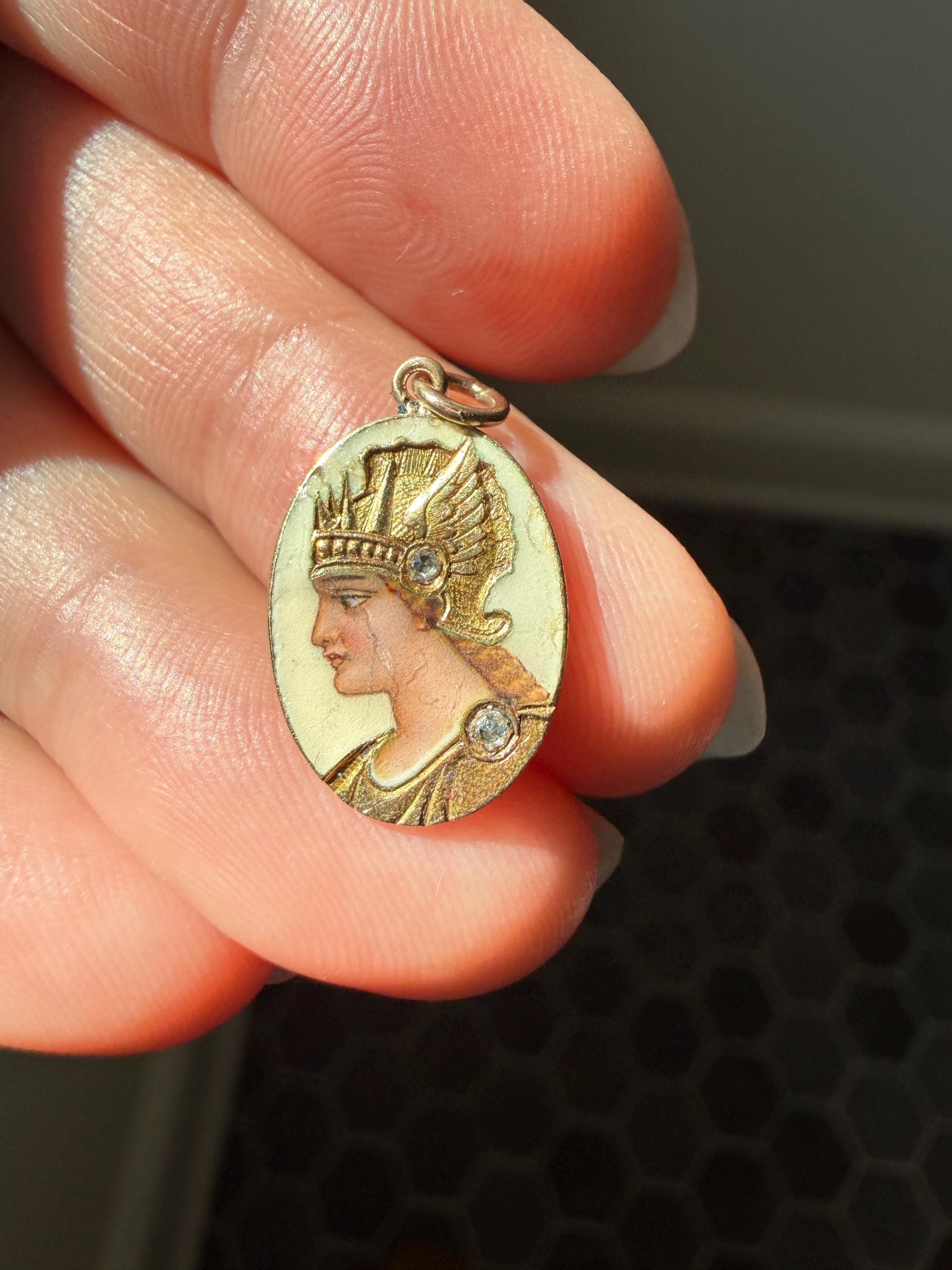 GODDESS Empress QUEEN Antique Enamel Pendant 18k Gold Rose Cut Diamond Hand Painted Victorian Art Nouveau Woman Bracelet Necklace Charm