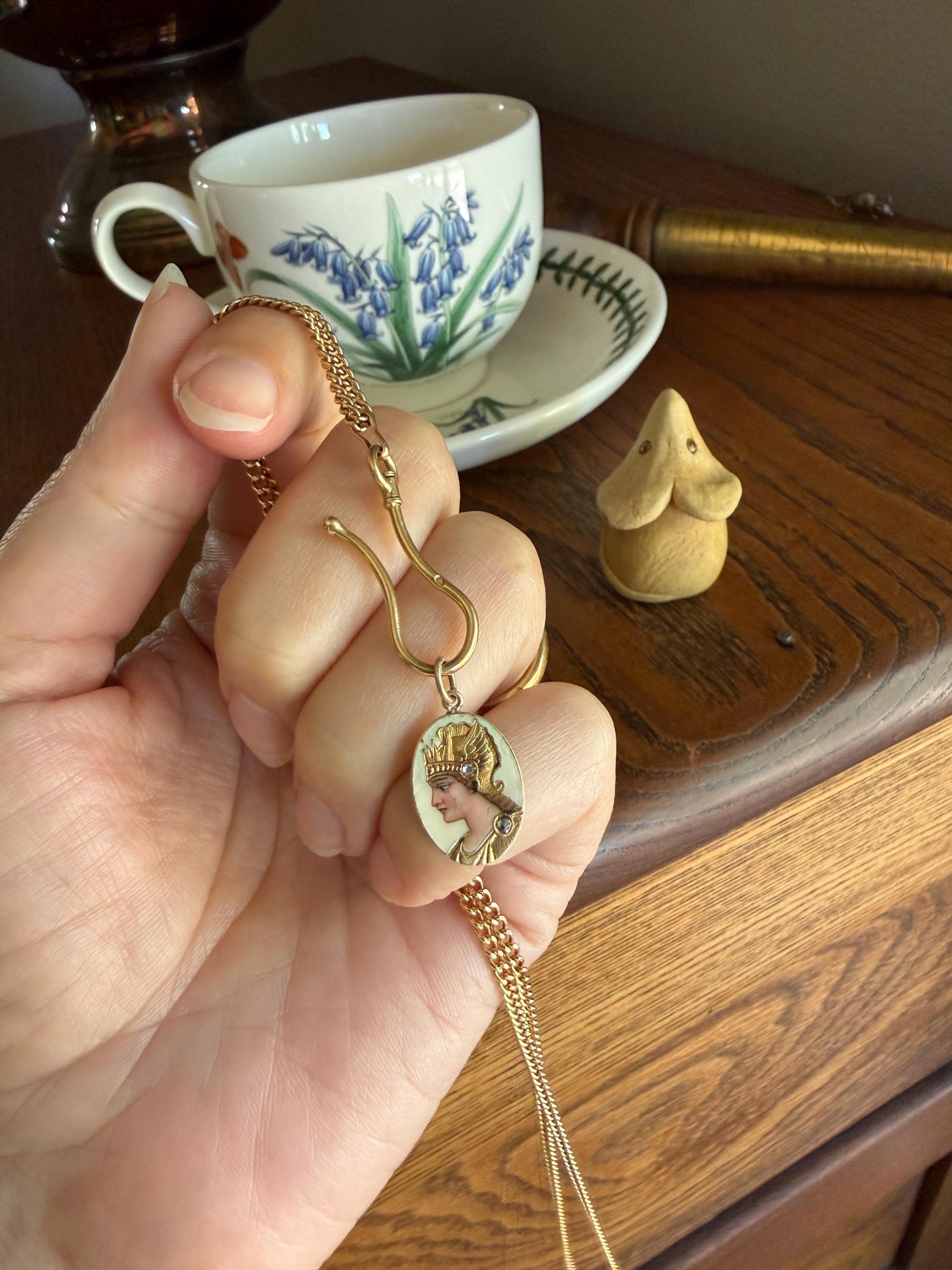 GODDESS Empress QUEEN Antique Enamel Pendant 18k Gold Rose Cut Diamond Hand Painted Victorian Art Nouveau Woman Bracelet Necklace Charm