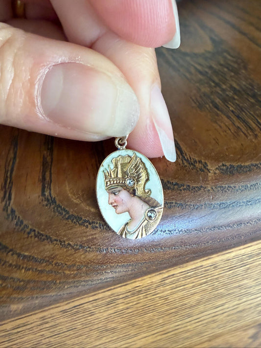 GODDESS Empress QUEEN Antique Enamel Pendant 18k Gold Rose Cut Diamond Hand Painted Victorian Art Nouveau Woman Bracelet Necklace Charm