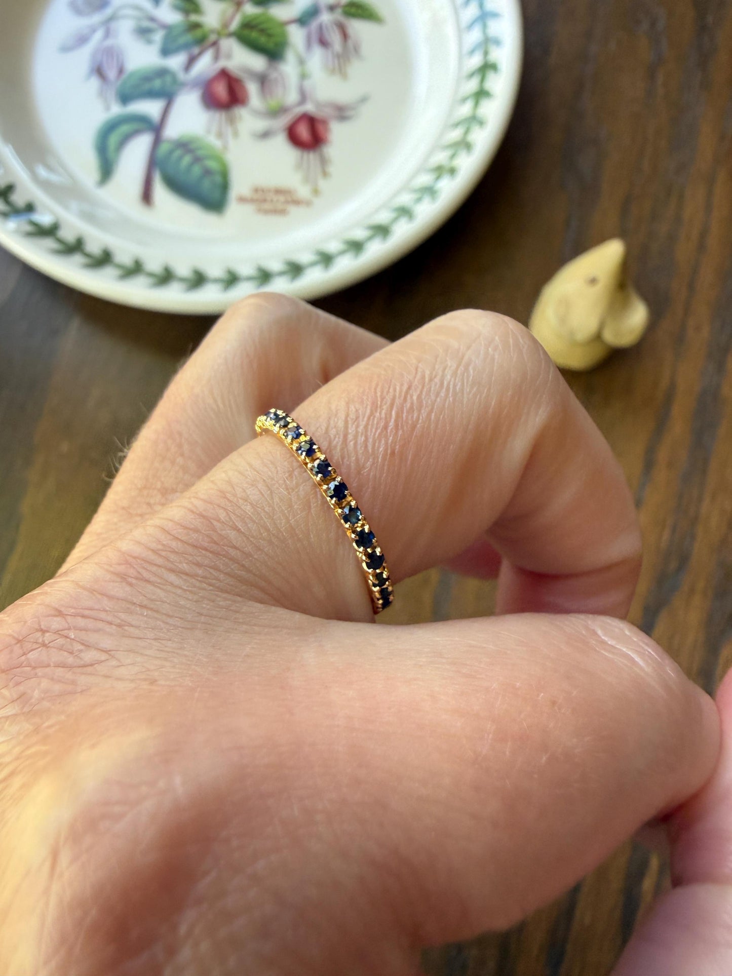 Vintage Natural SAPPHIRE Full Eternity Skinny Band Ring 18k Gold Minimalist Line Stacker Romantic Gift Blue Pair Ruby Avail