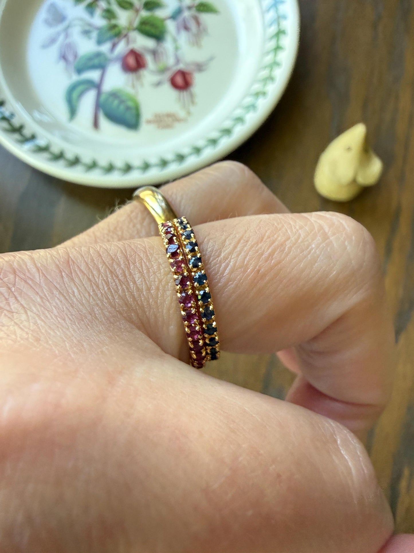 Vintage Natural SAPPHIRE Full Eternity Skinny Band Ring 18k Gold Minimalist Line Stacker Romantic Gift Blue Pair Ruby Avail
