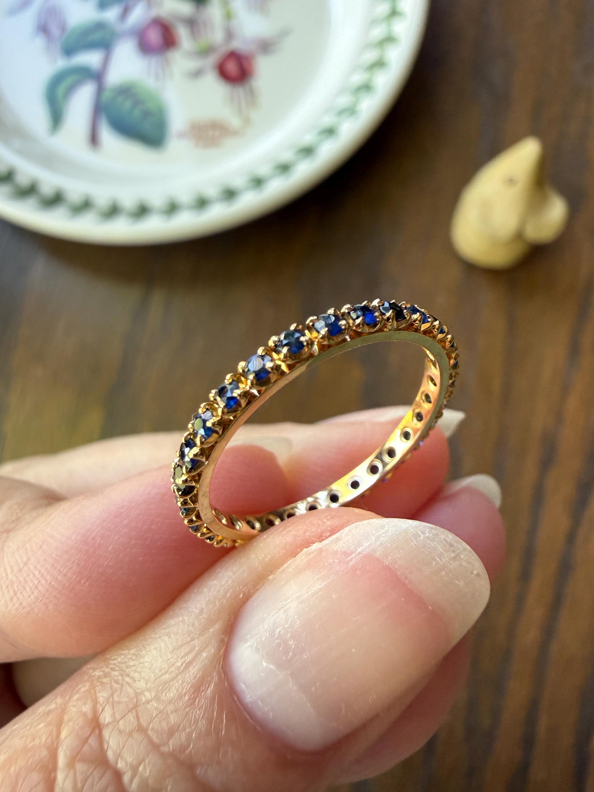 Vintage Natural SAPPHIRE Full Eternity Skinny Band Ring 18k Gold Minimalist Line Stacker Romantic Gift Blue Pair Ruby Avail