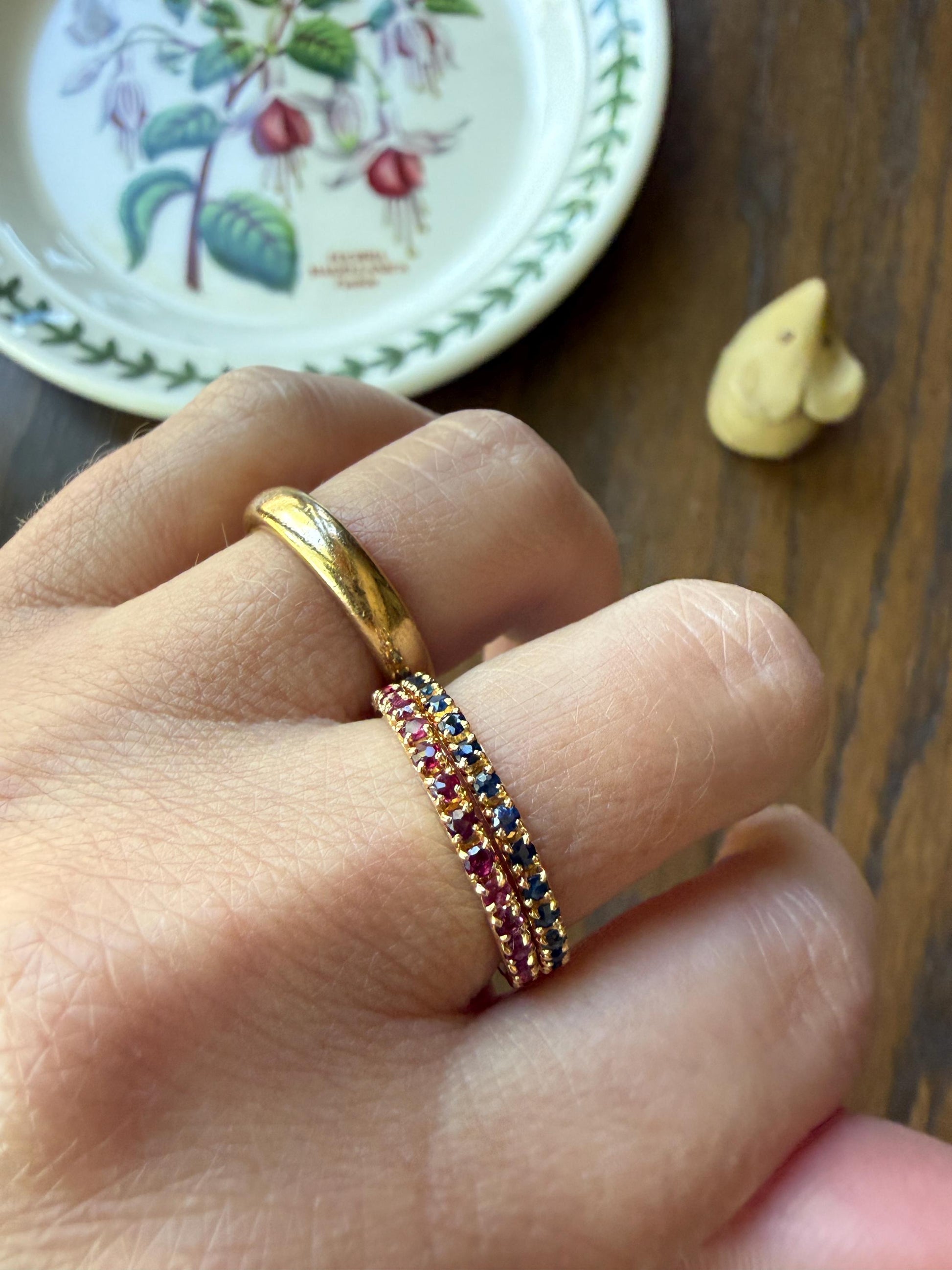 Vintage Natural SAPPHIRE Full Eternity Skinny Band Ring 18k Gold Minimalist Line Stacker Romantic Gift Blue Pair Ruby Avail