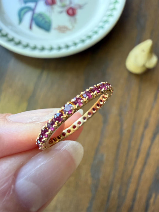 Vintage Natural RUBY Full Eternity Skinny Band Ring 18k Gold Minimalist Line Stacker Romantic Gift Red Pink Pair Sapphire Avail