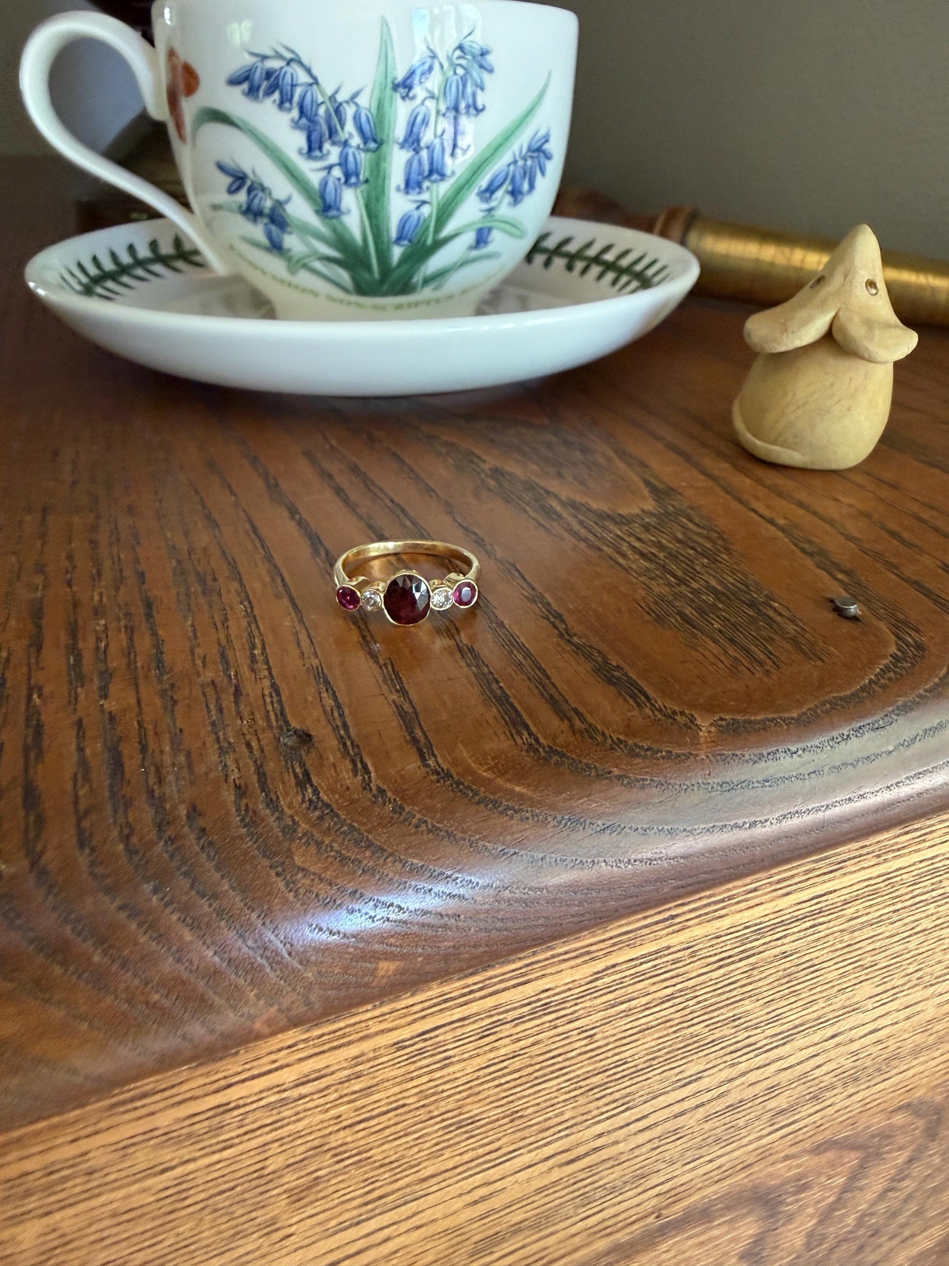 Five Stone RUBY Garnet Natural Old Mine Cut DIAMOND 18k Gold Ring Stacker Band Oval Bezel Set
