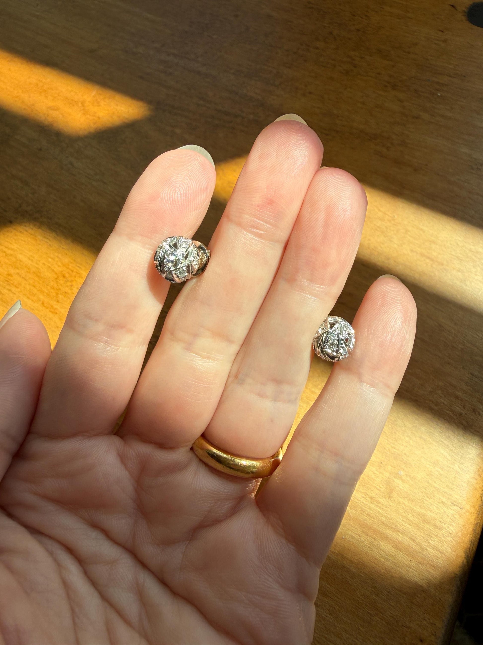 French Vintage Diamond SPHERE Studs Faceted 3D Button 18k White GOLD Solid EARRINGS Earstack Geodesic Dome