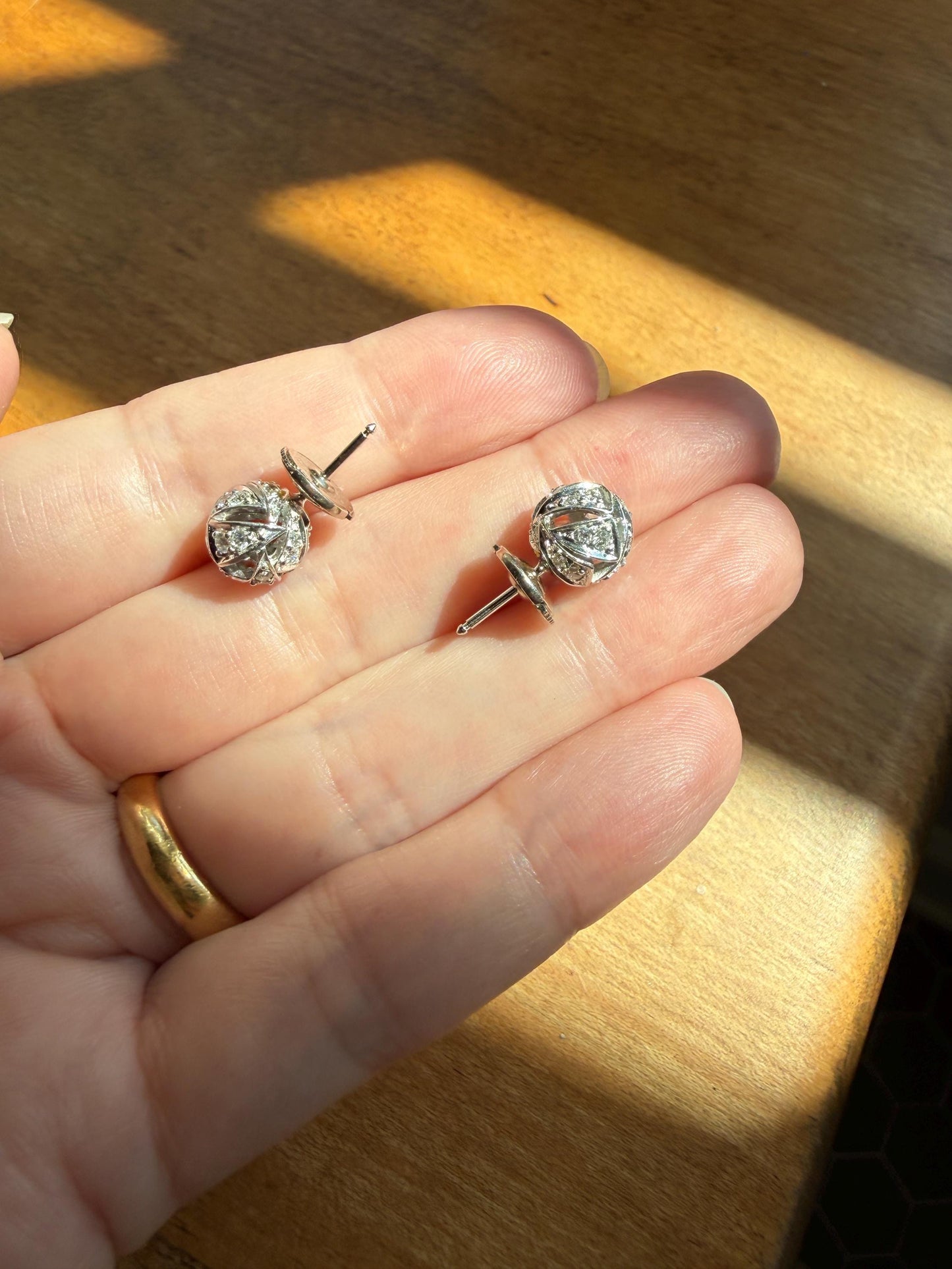French Vintage Diamond SPHERE Studs Faceted 3D Button 18k White GOLD Solid EARRINGS Earstack Geodesic Dome