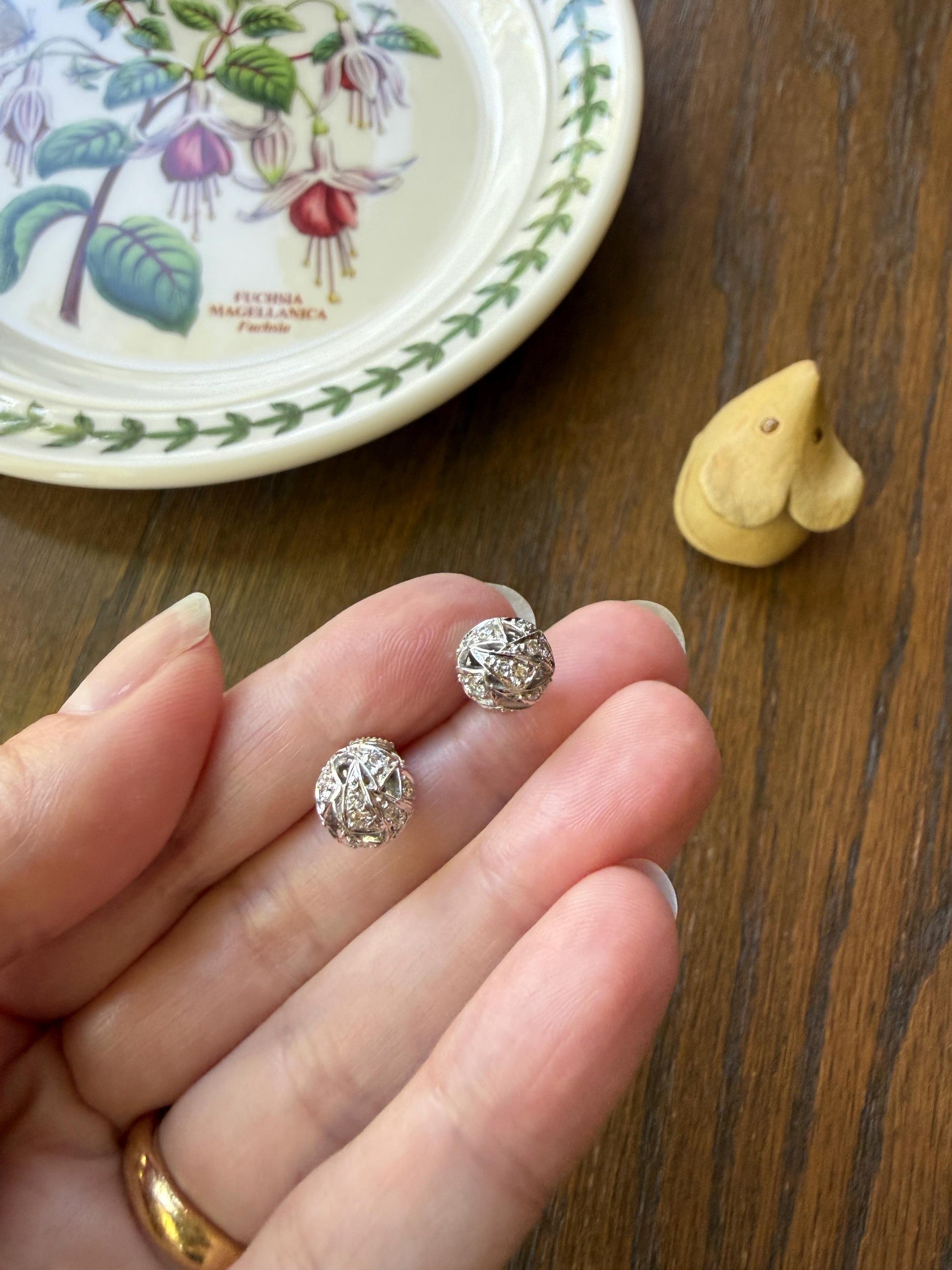 French Vintage Diamond SPHERE Studs Faceted 3D Button 18k White GOLD Solid EARRINGS Earstack Geodesic Dome