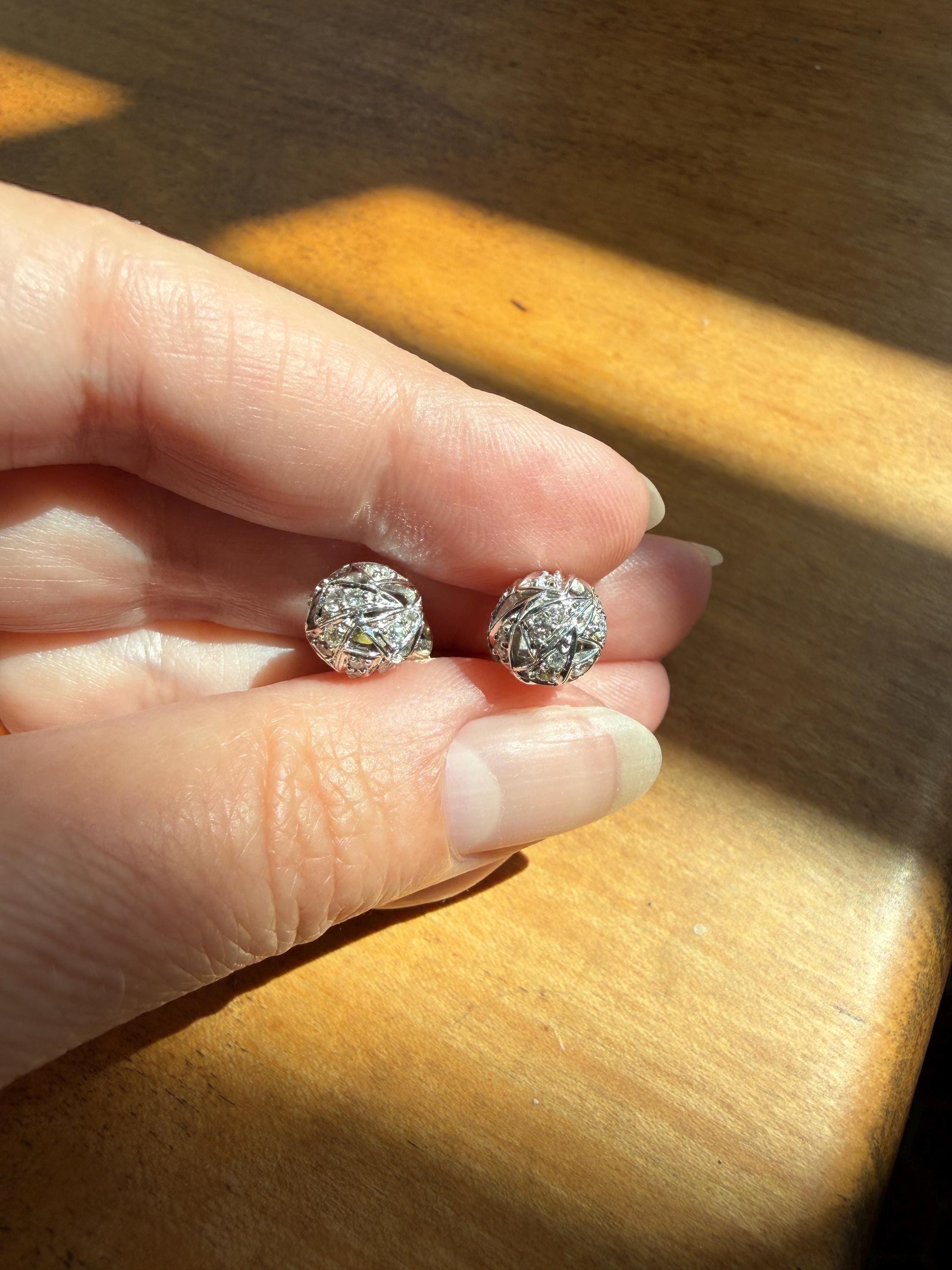 French Vintage Diamond SPHERE Studs Faceted 3D Button 18k White GOLD Solid EARRINGS Earstack Geodesic Dome