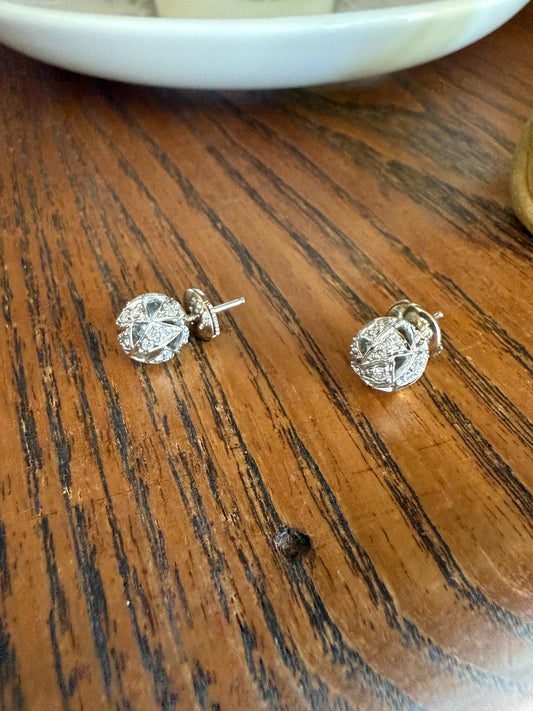 French Vintage Diamond SPHERE Studs Faceted 3D Button 18k White GOLD Solid EARRINGS Earstack Geodesic Dome
