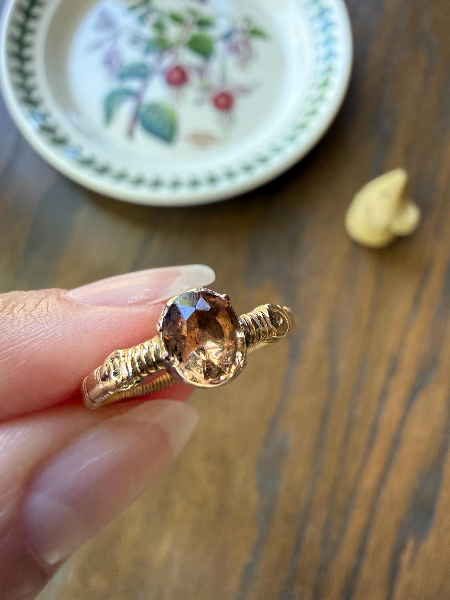 Georgian Old Cut Natural Peach Imperial Topaz Collet Set Coiled Shank Ring Snake? Comfort Fit Unique Gemset Stacker