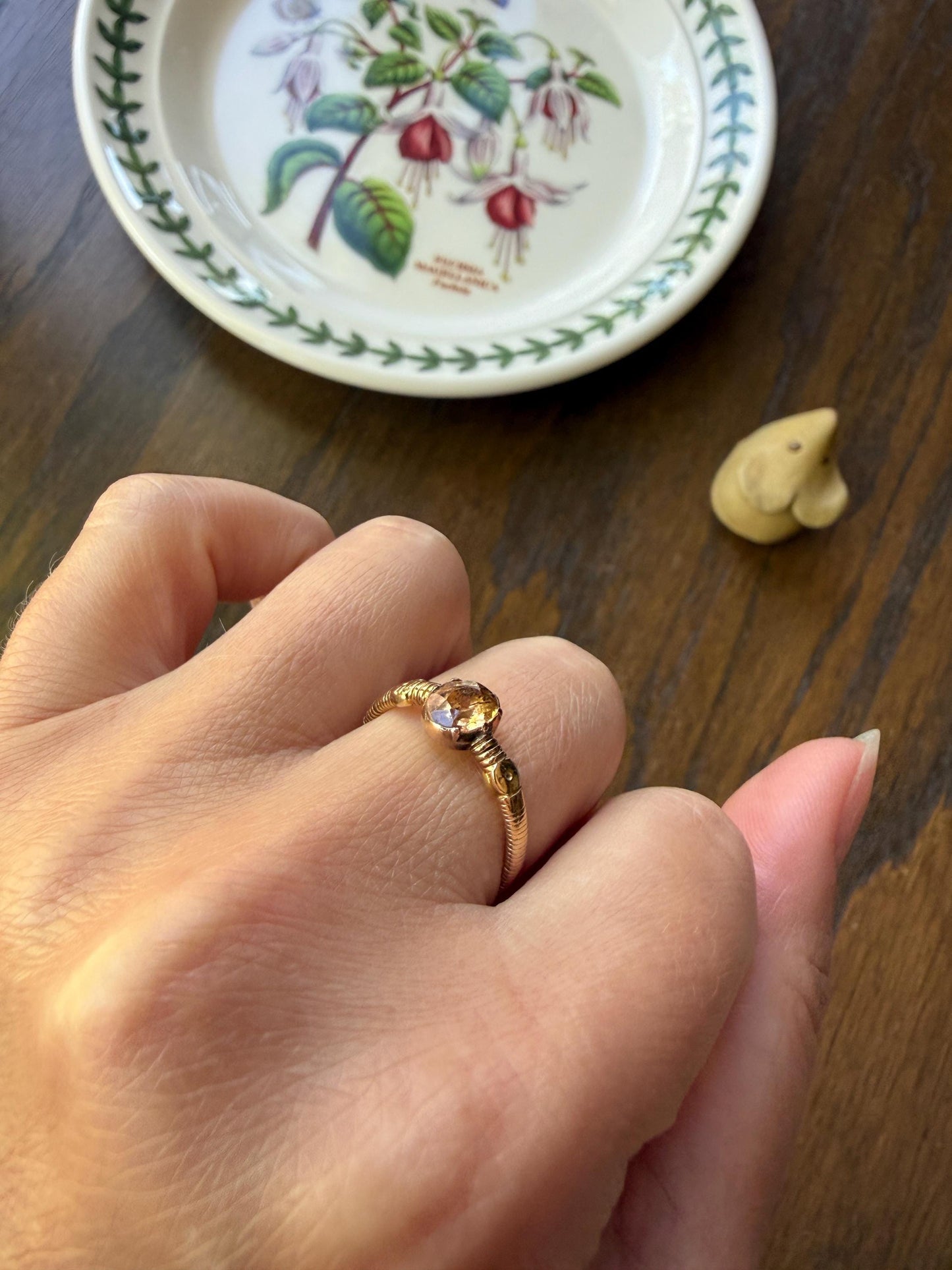 Georgian Old Cut Natural Peach Imperial Topaz Collet Set Coiled Shank Ring Snake? Comfort Fit Unique Gemset Stacker