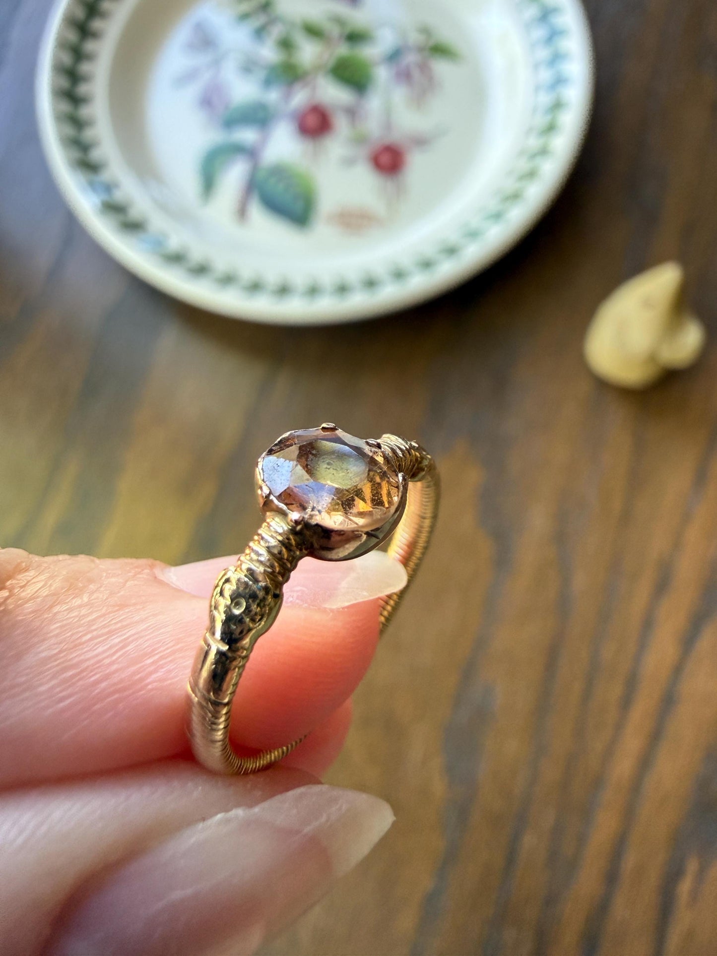 Georgian Old Cut Natural Peach Imperial Topaz Collet Set Coiled Shank Ring Snake? Comfort Fit Unique Gemset Stacker