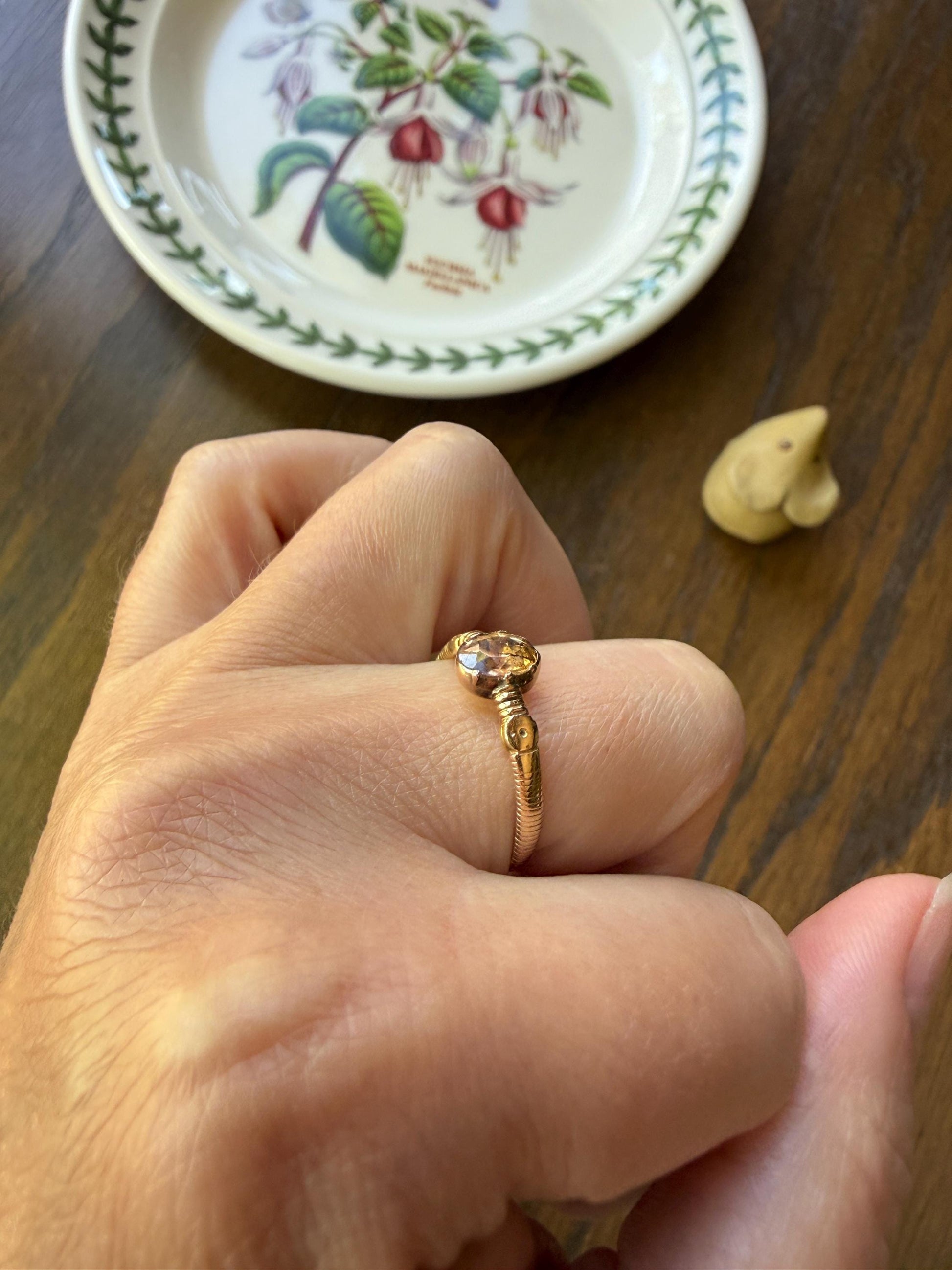 Georgian Old Cut Natural Peach Imperial Topaz Collet Set Coiled Shank Ring Snake? Comfort Fit Unique Gemset Stacker